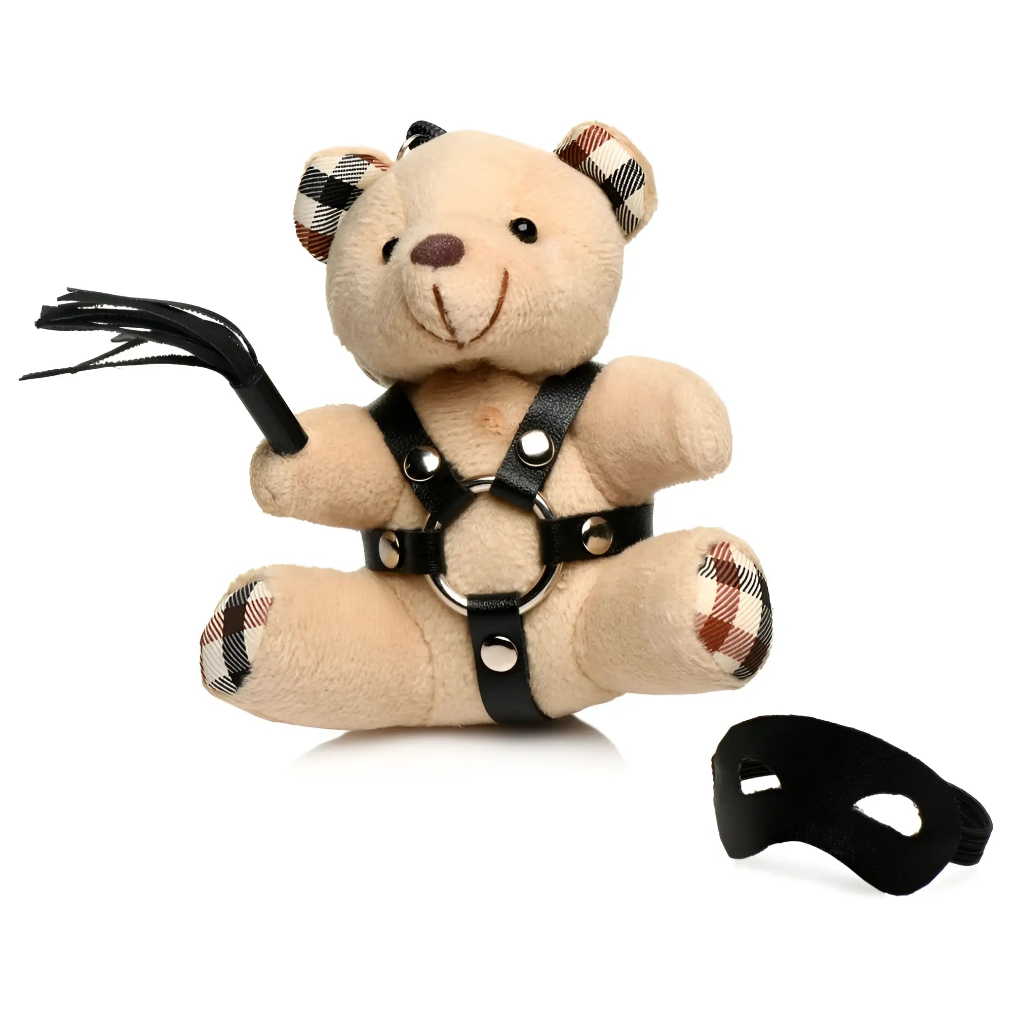 Master Series BDSM teddy bear keychain: tan bear with plaid accents, black leather harness, whip, and matching mask.