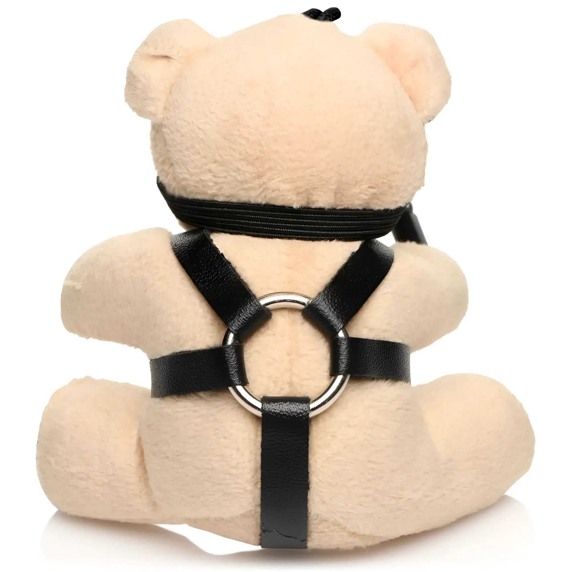 Master Series teddy bear keychain in beige plush, featuring a black leather-style harness with a silver metal O-ring.