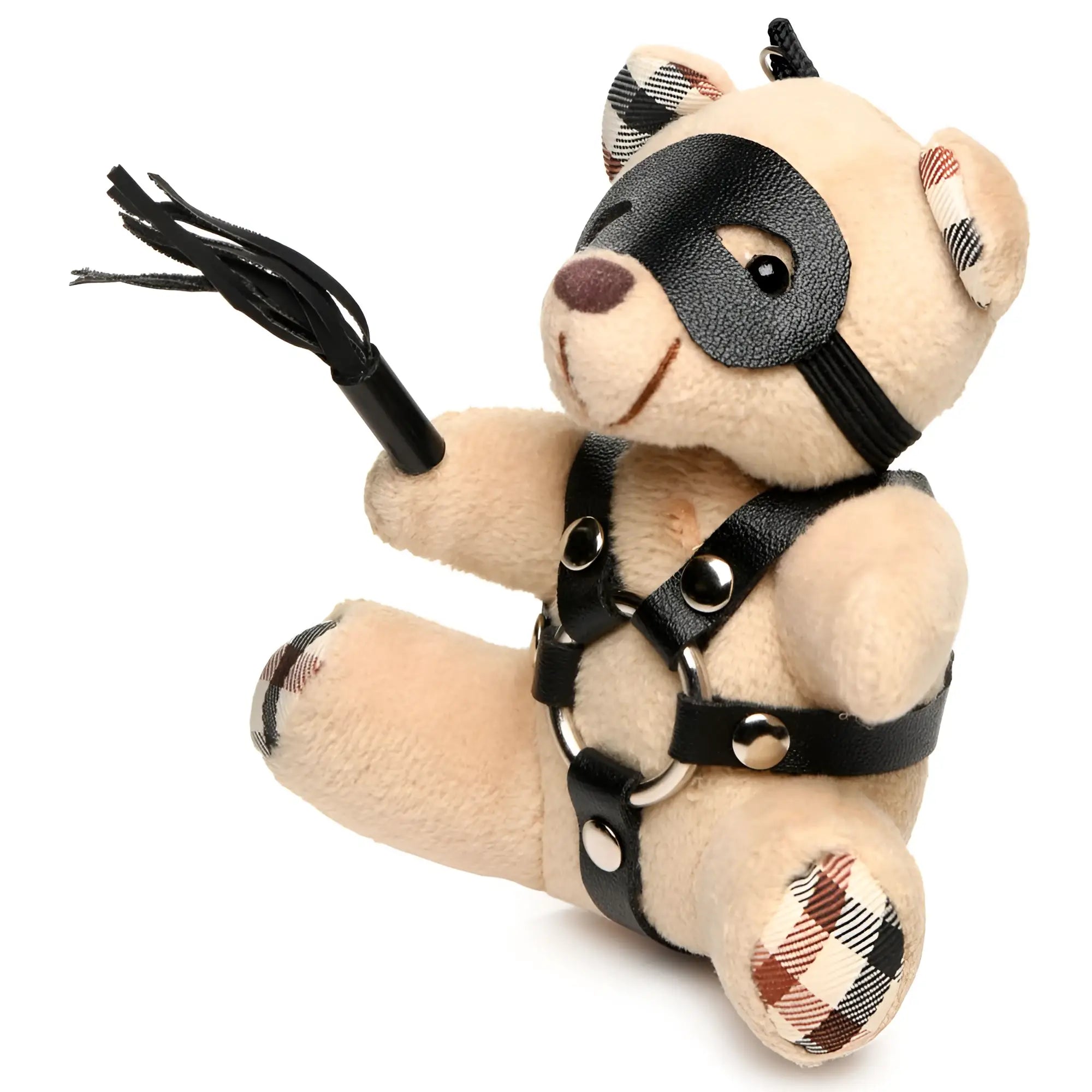 Master Series BDSM teddy bear keychain: a tan plush bear in a black leather harness, eye mask, and holding a crop.