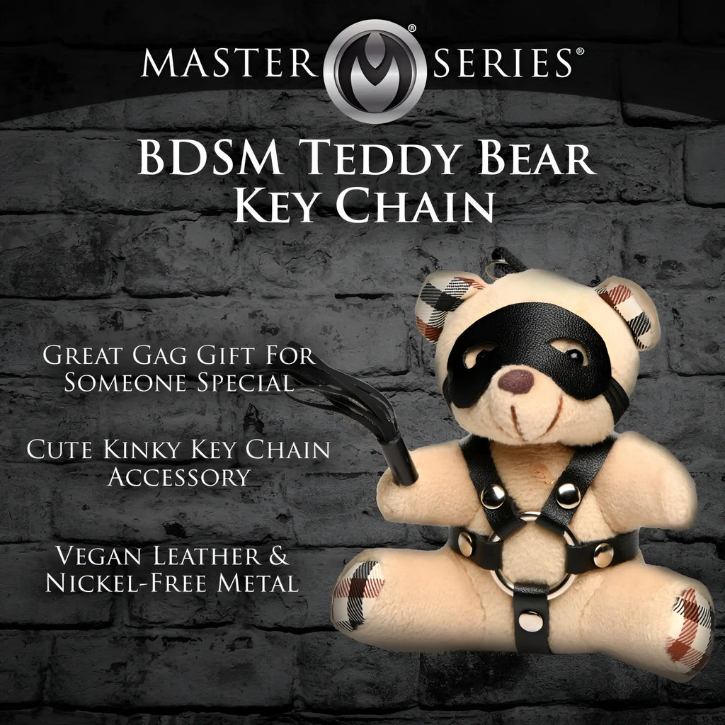 Master Series BDSM Teddy Bear keychain: beige bear with a black leather mask, harness, and tiny whip.