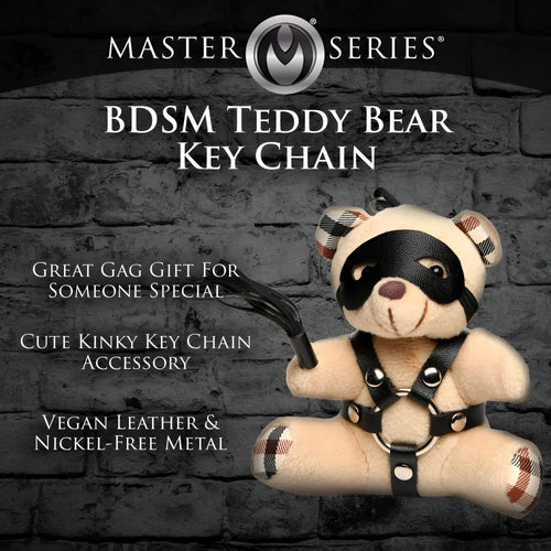 Master Series BDSM Teddy Bear keychain: beige bear with a black leather mask, harness, and tiny whip.