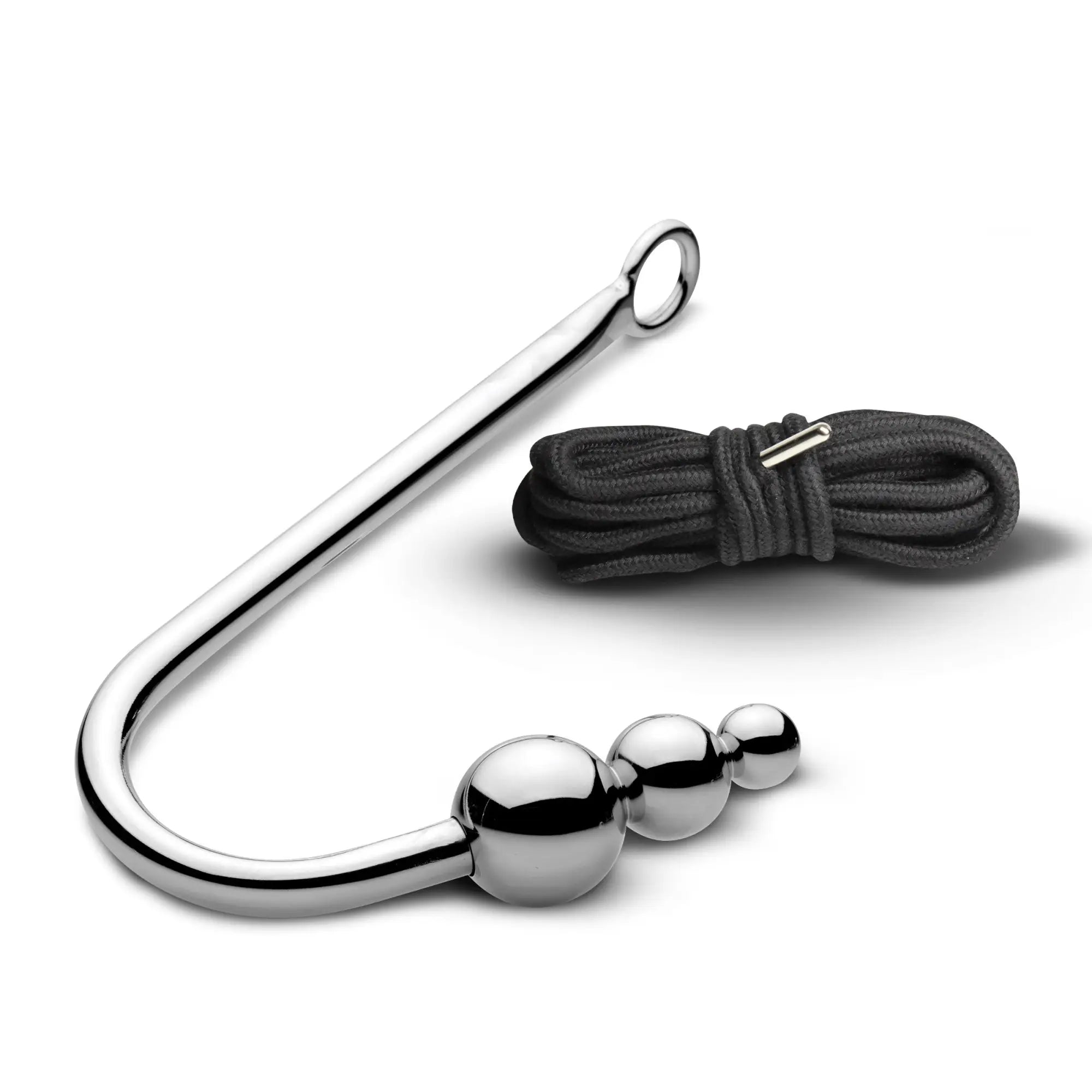 Master Series silver-toned metal anal hook with three graduated spheres and a coiled black rope, isolated on white.
