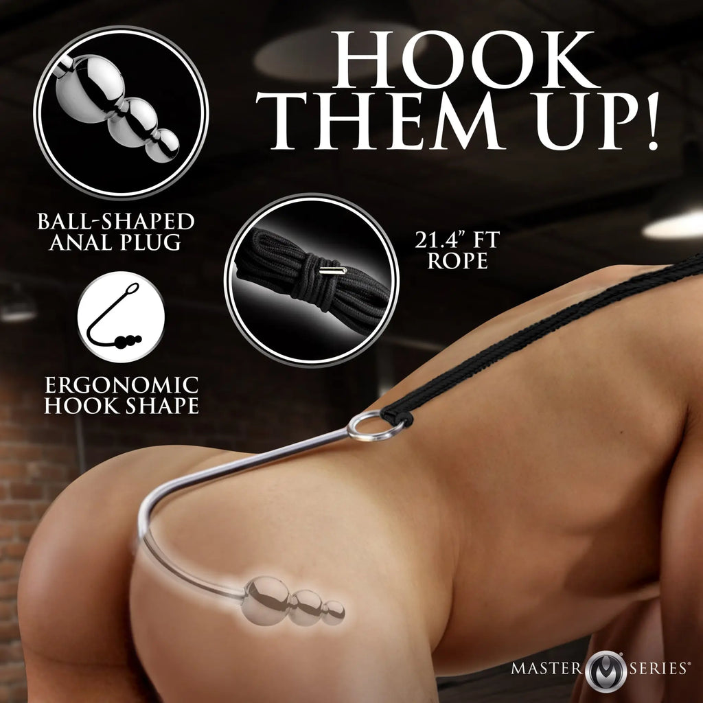 Master Series Beaded Anal Hook: A silver, ergonomic metal hook with graduated beads attached to a black rope.