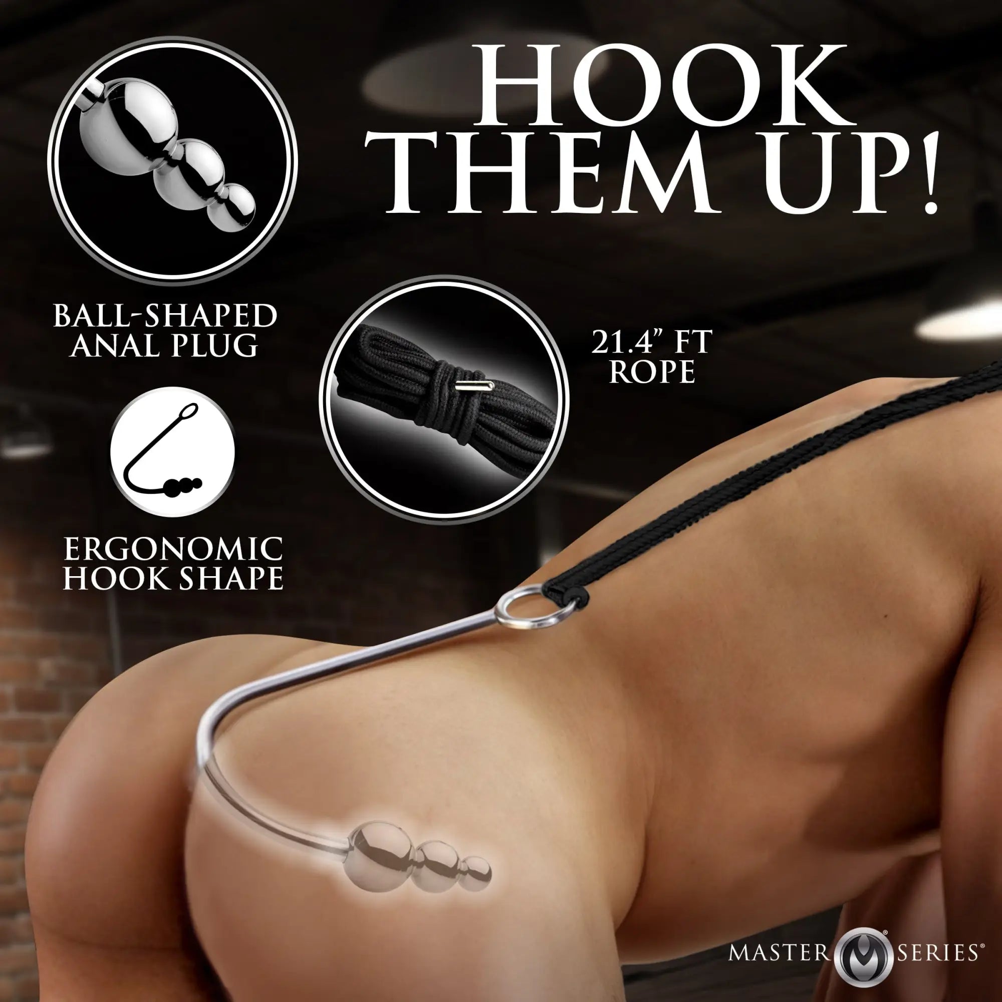 Master Series Beaded Anal Hook: A silver, ergonomic metal hook with graduated beads attached to a black rope.