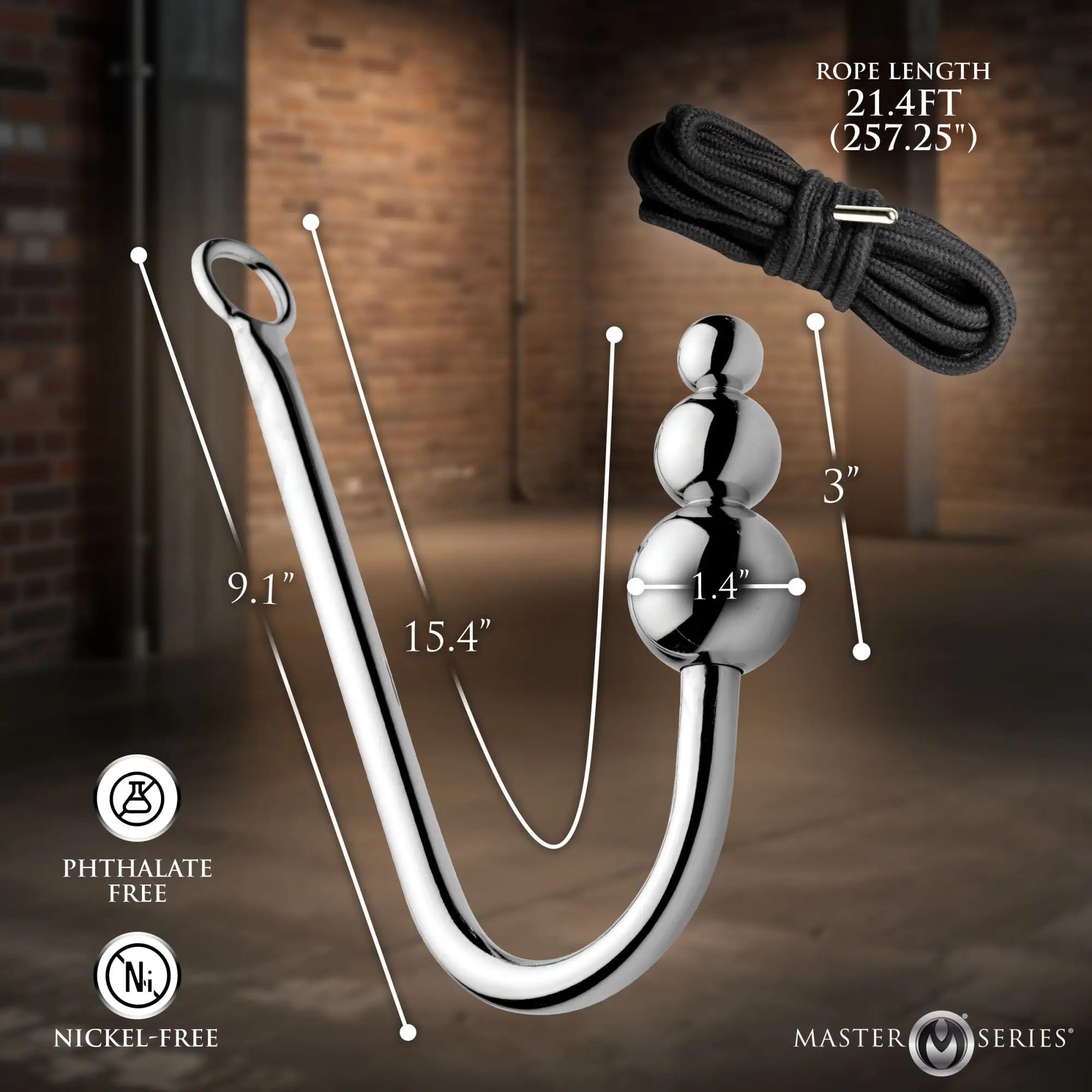 Master Series Beaded Anal Hook in silver metal, shown with a 21.4ft black rope and annotated product dimensions.