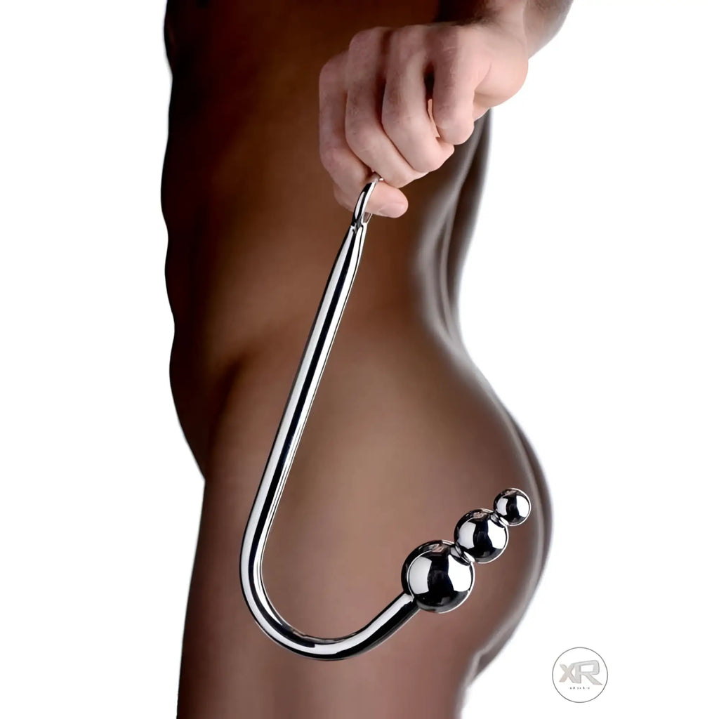 Master Series Beaded Anal Hook: a chrome-plated, J-shaped hook featuring three graduated metal beads at the tip.
