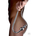 Master Series Beaded Anal Hook: a chrome-plated, J-shaped hook featuring three graduated metal beads at the tip.