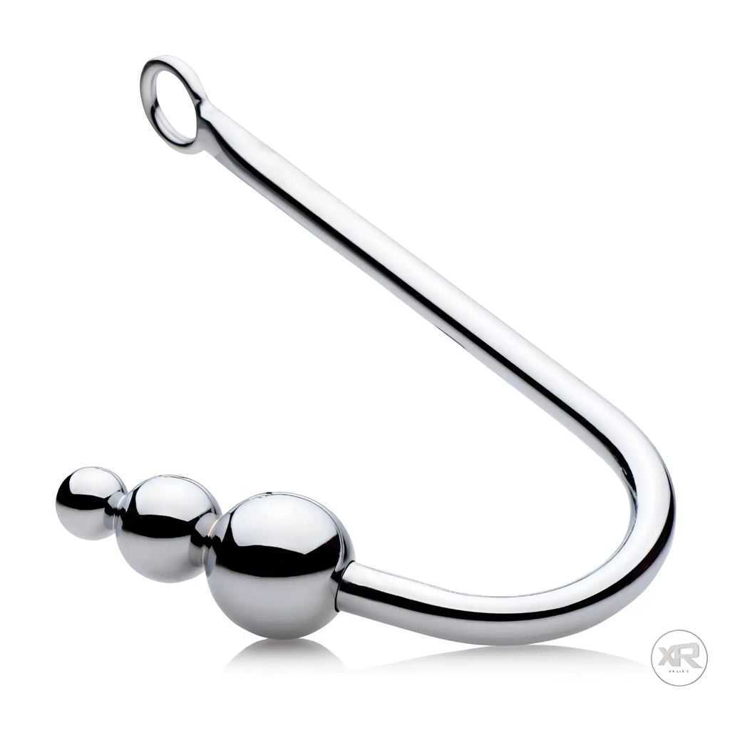 Master Series Beaded Anal Hook: A shiny silver curved metal hook featuring three graduated spheres at one end.