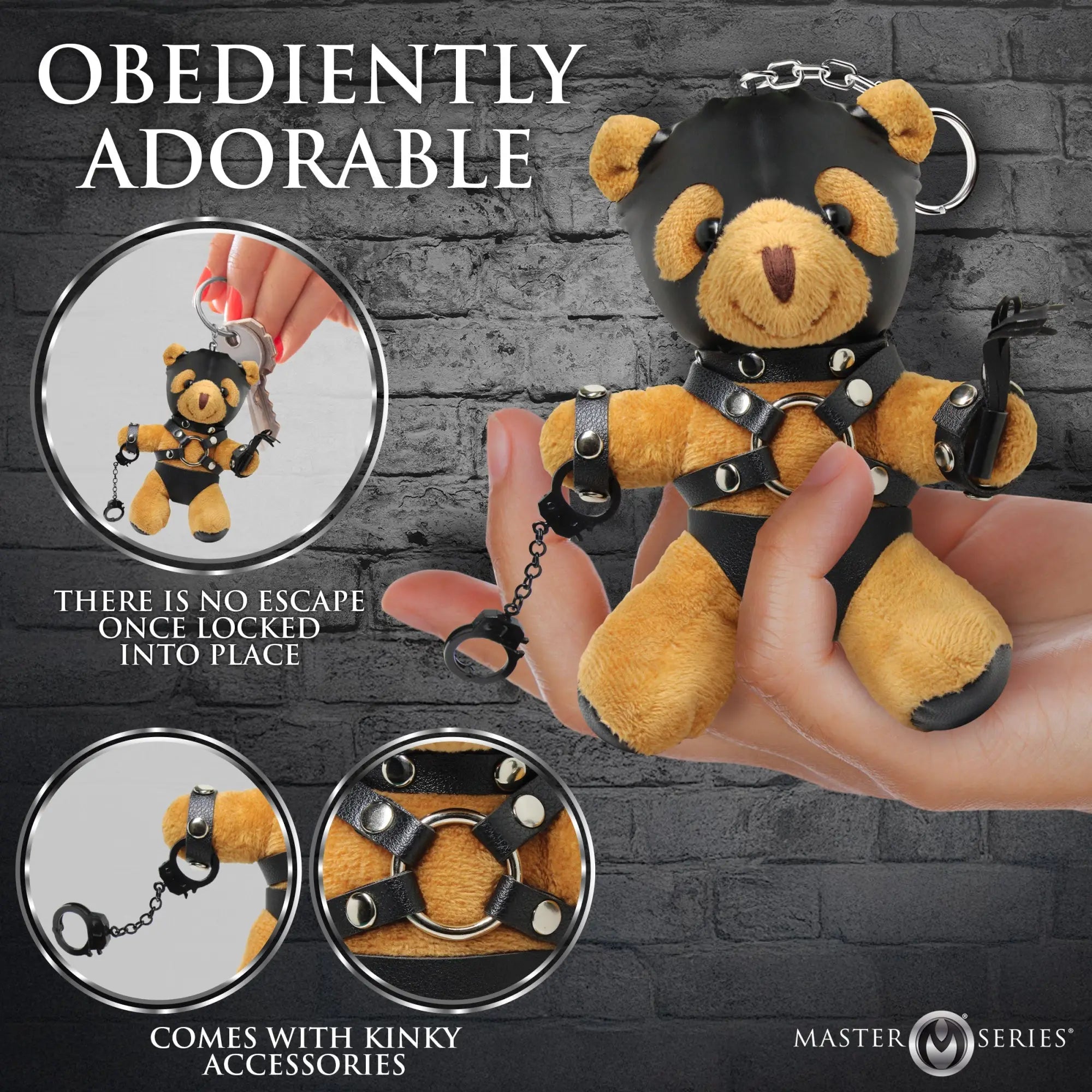 Master Series Master Bear Keychain: a tan plush bear in a black leather-style mask, harness, and wrist cuffs with chains.