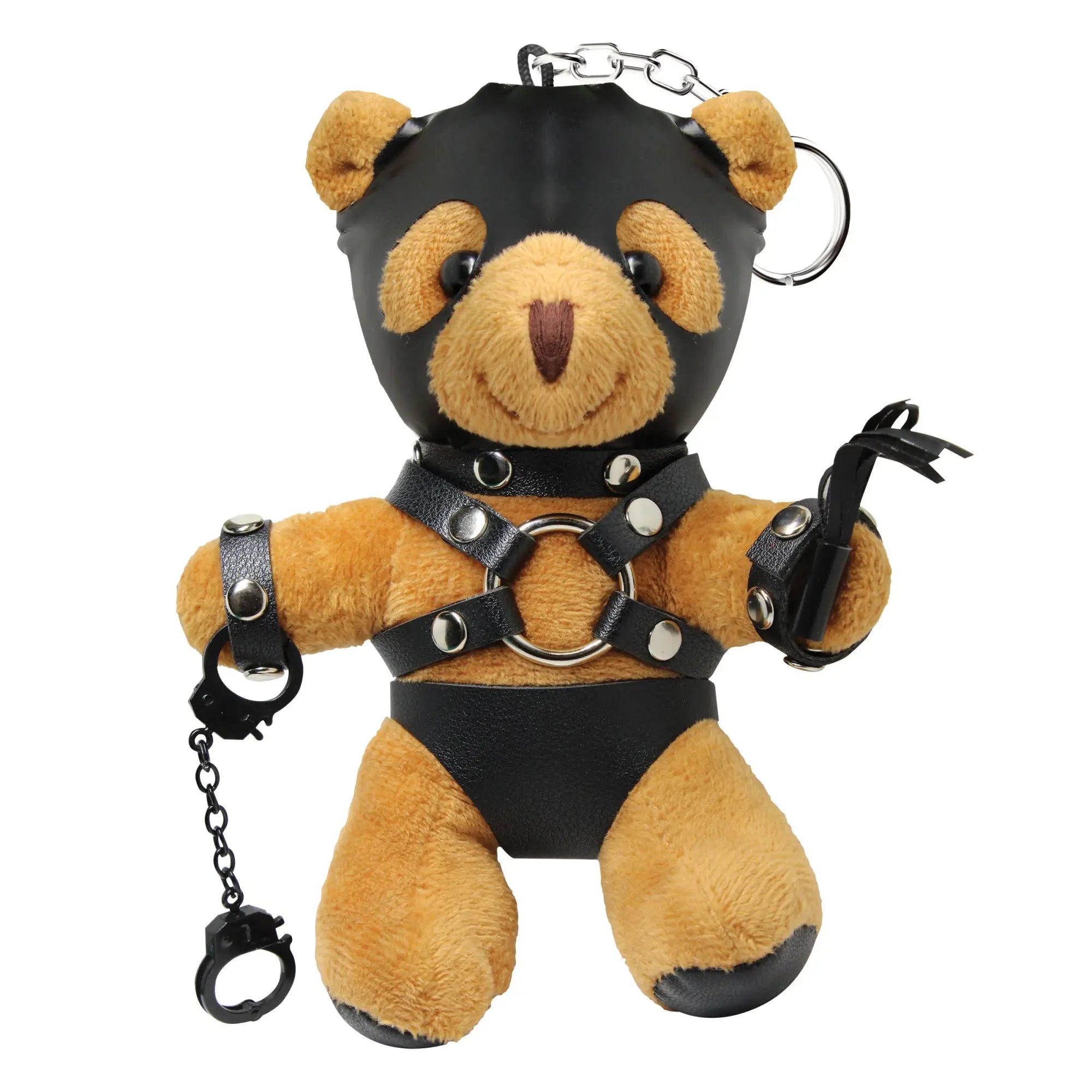 Master Series Master Bear keychain: a tan plush bear in black faux leather fetish gear with harness, mask, and cuffs.