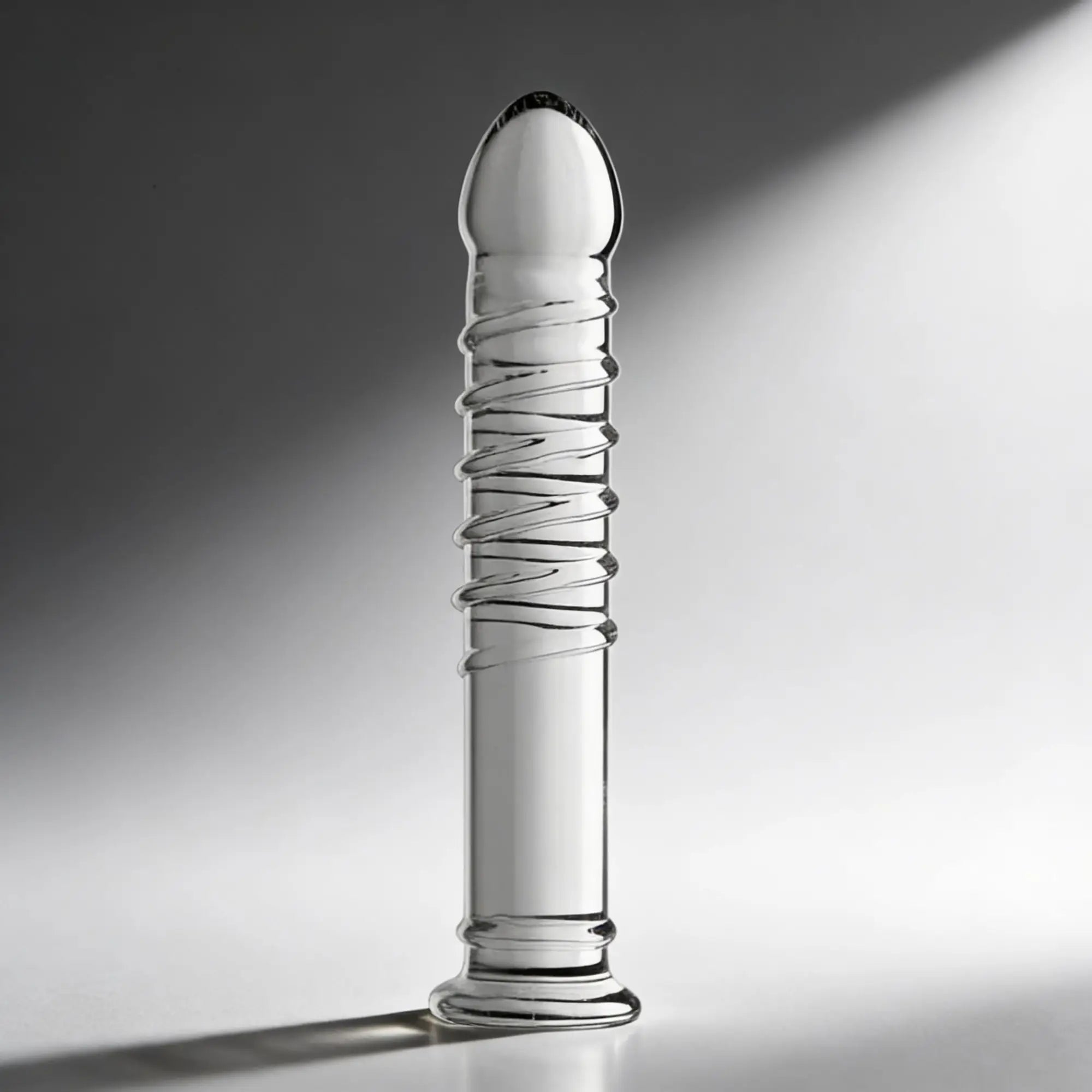 Master Series Behemoth XL dildo, a clear glass toy featuring a rounded tip, spiraled ribs, and a flared base.