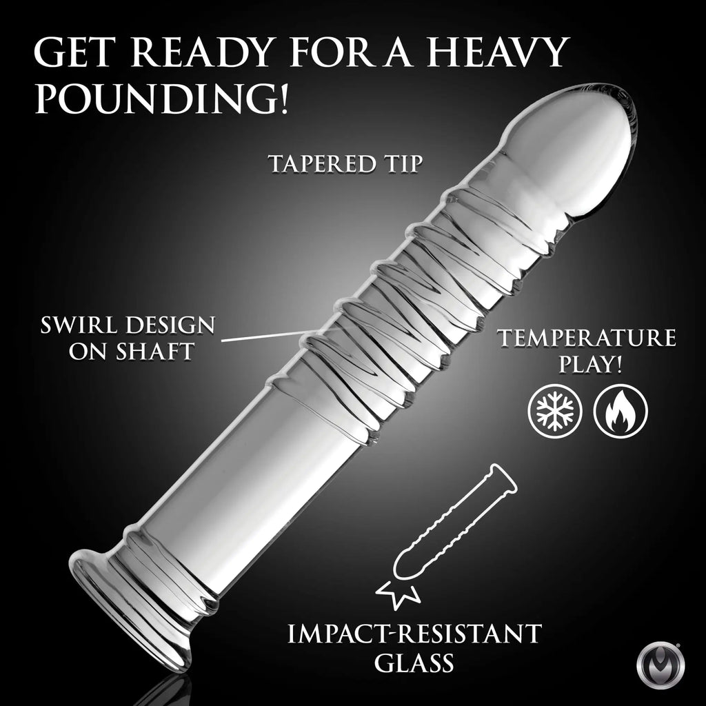 Master Series Behemoth Ribbed XL clear glass dildo with a tapered tip and spiraled ribbed shaft on a black background.