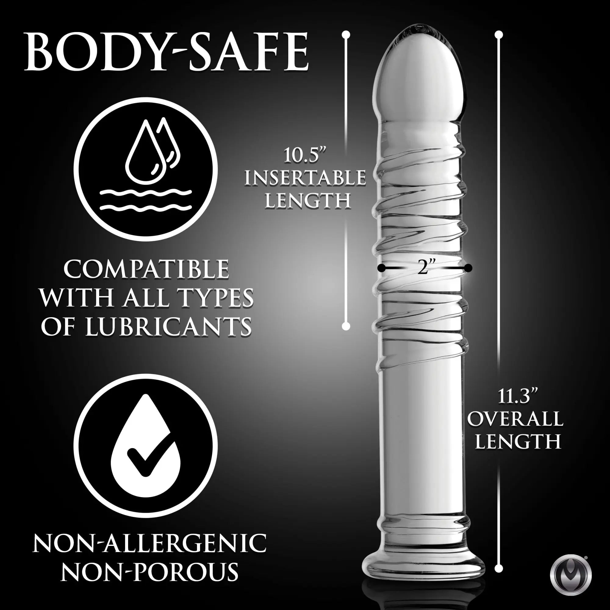 Master Series Behemoth Ribbed XL Dildo: A clear, ribbed glass dildo with dimensions and product features listed.