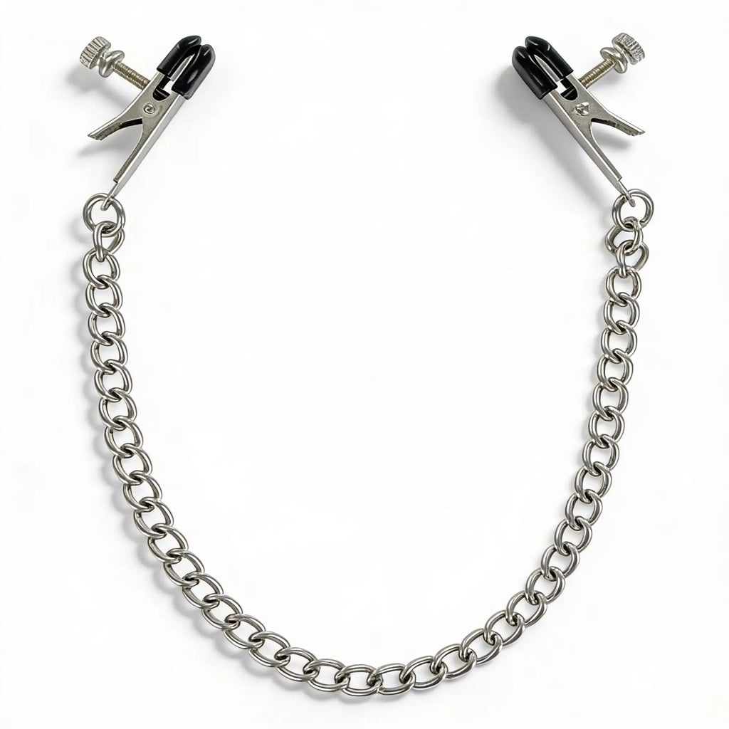Master Series Adjustable Big Nipple Clamps: Silver metal clips with black rubber tips connected by a silver-tone chain.