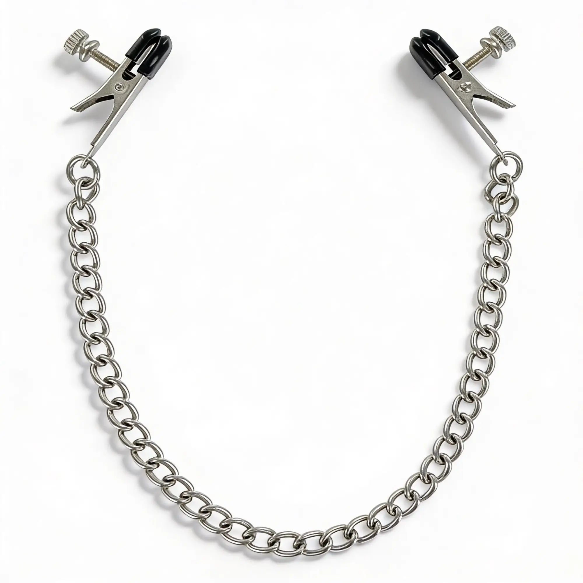 Master Series Adjustable Big Nipple Clamps: Silver metal clips with black rubber tips connected by a silver-tone chain.