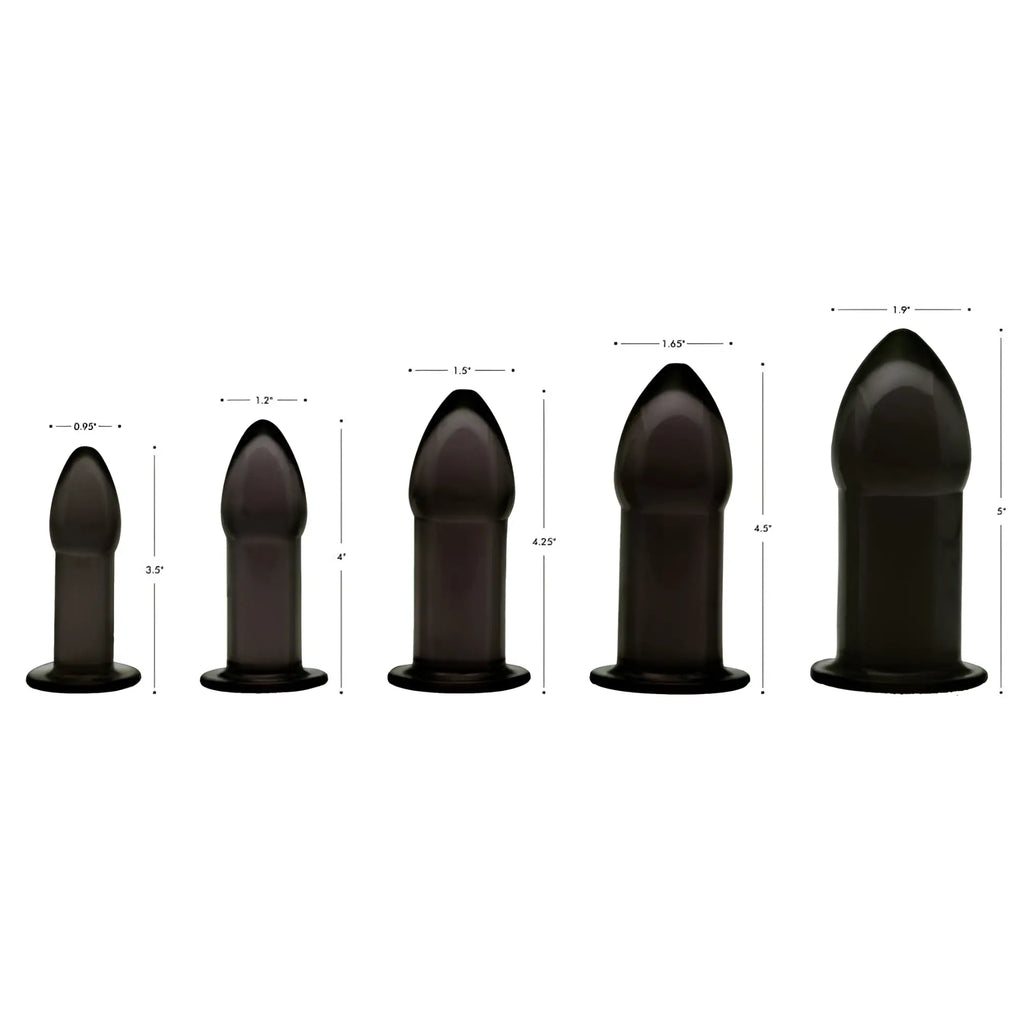 Master Series Black Anal Dilator Kit: Five smooth, black, graduated-size butt plugs shown with labeled dimensions.
