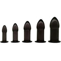 Master Series Black Anal Dilator Kit: Five smooth, black, graduated bullet-shaped silicone dilators on a white background.