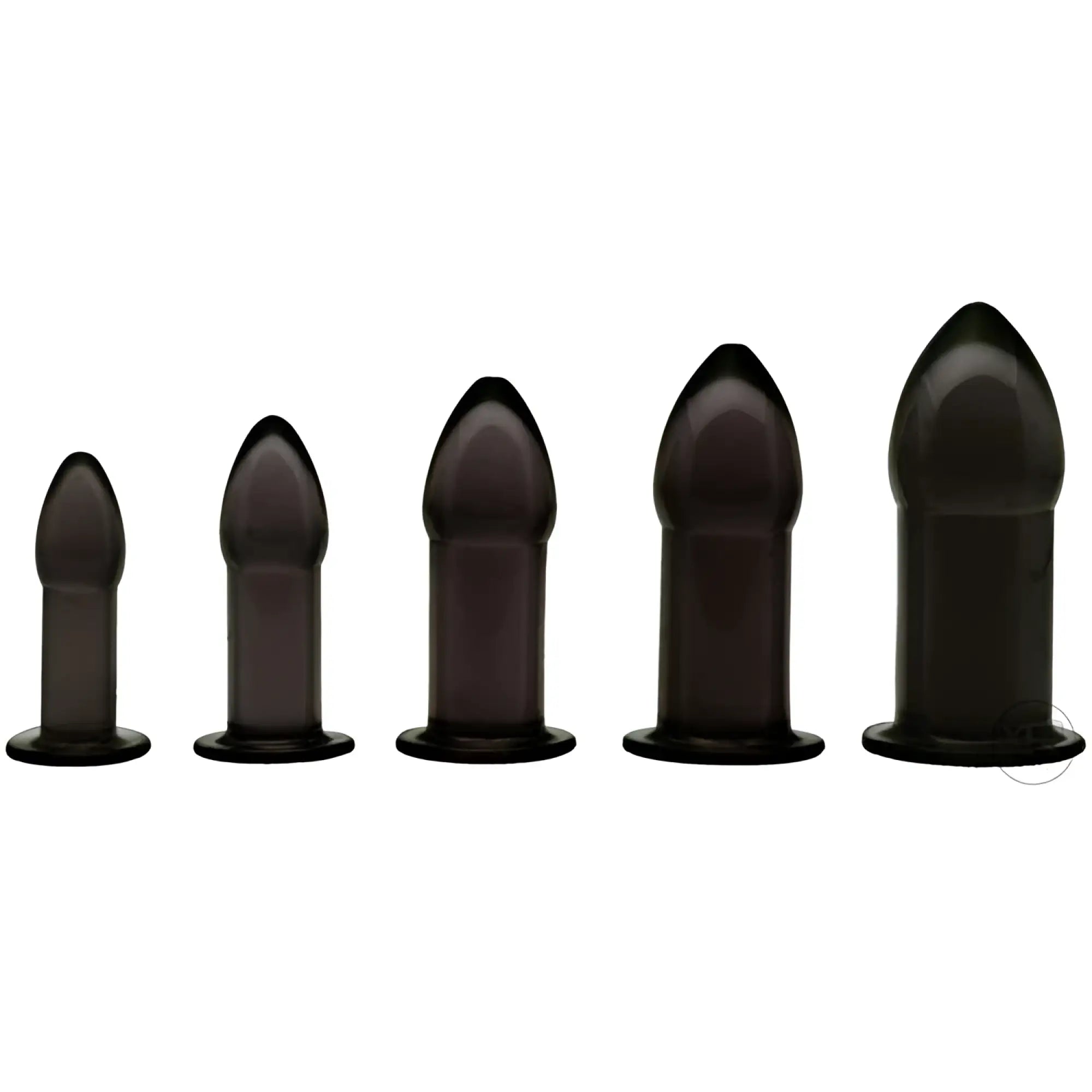 Master Series Black Anal Dilator Kit: Five smooth, black, graduated bullet-shaped silicone dilators on a white background.