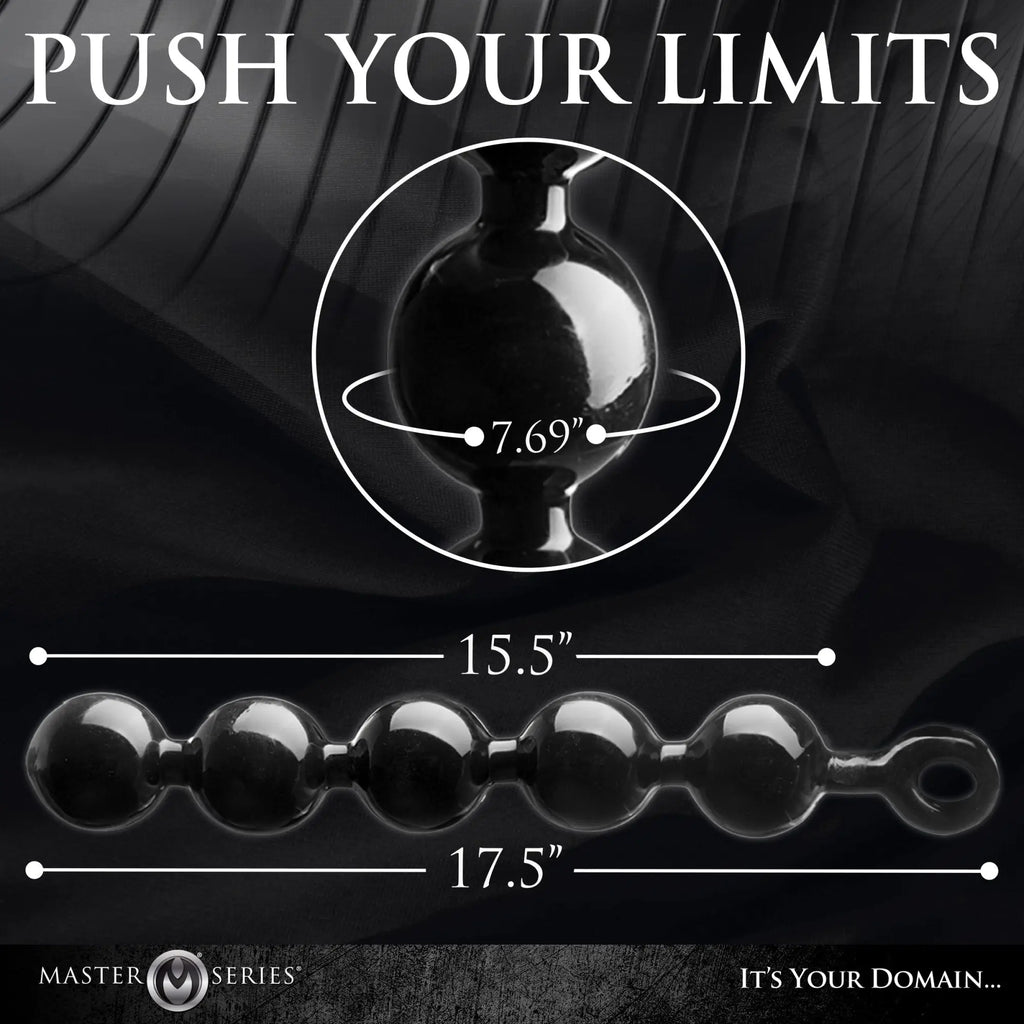 Master Series The Black Baller anal beads with 7.69" circumference, 15.5" insertable length, and 17.5" total length.