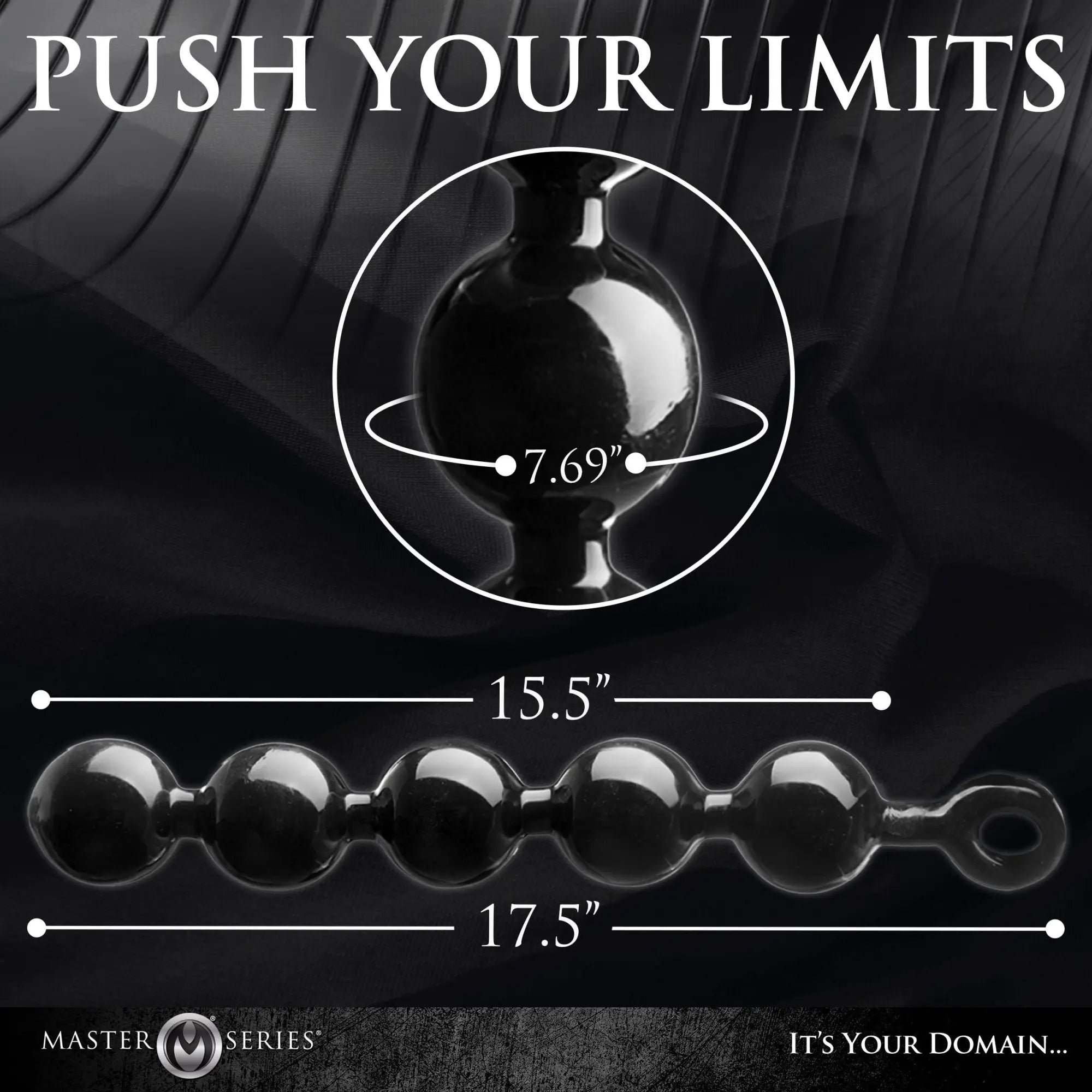 Master Series The Black Baller anal beads with 7.69" circumference, 15.5" insertable length, and 17.5" total length.
