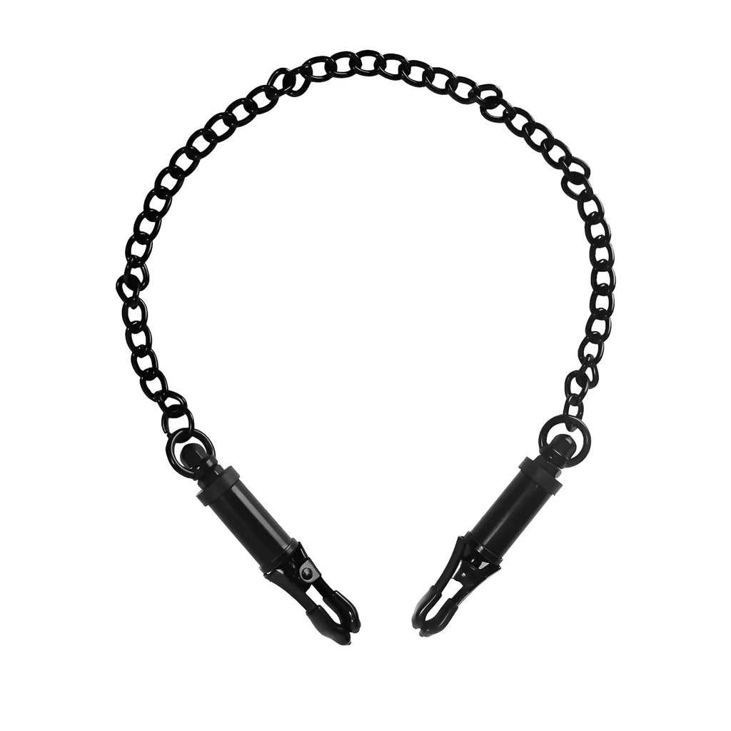 Master Series black adjustable nipple clamps connected by a matching black metal chain on a white background.
