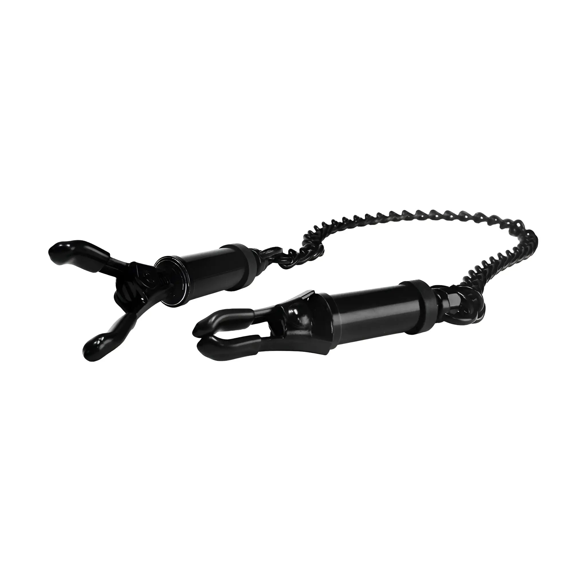 Master Series Black Deluxe Adjustable Nipple Clamps featuring two adjustable clips connected by a black metal chain.