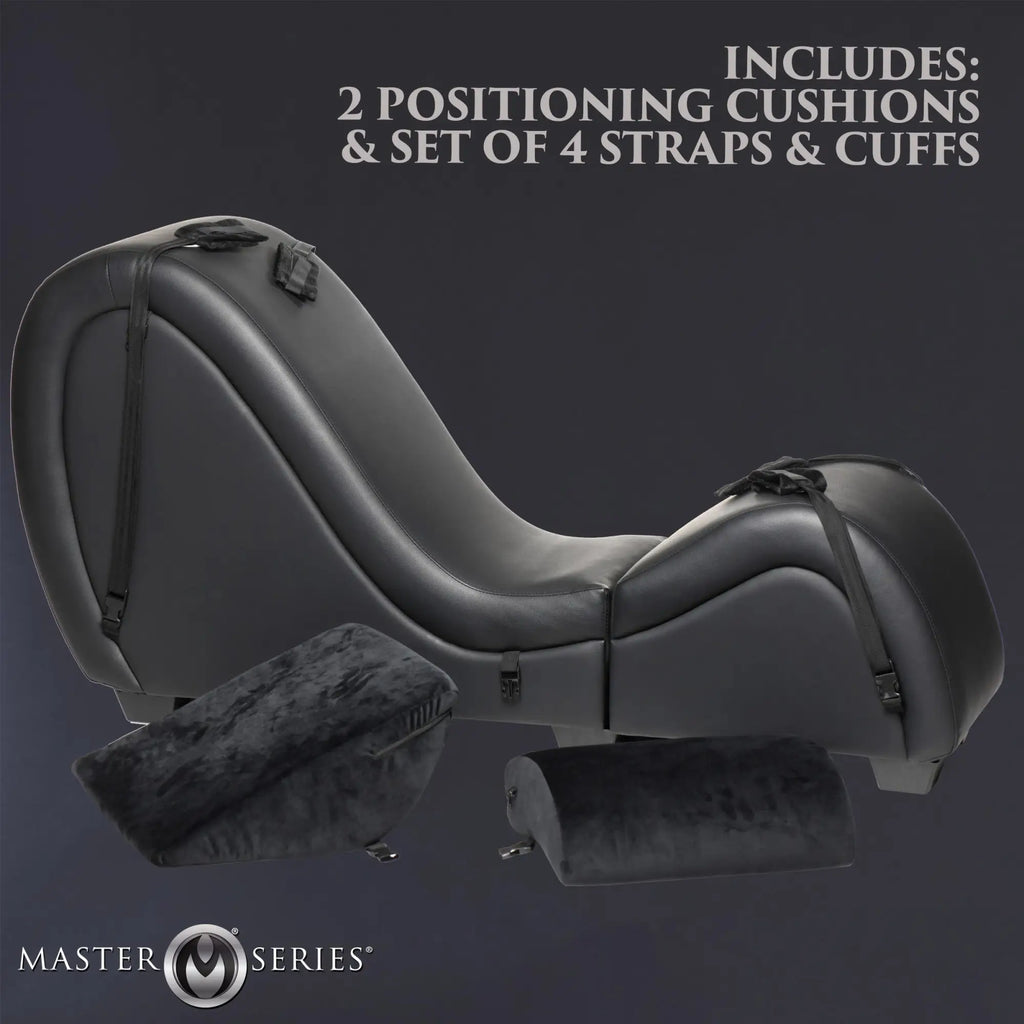 Black Master Series detachable sex chaise with attached restraint straps and two plush positioning cushions.