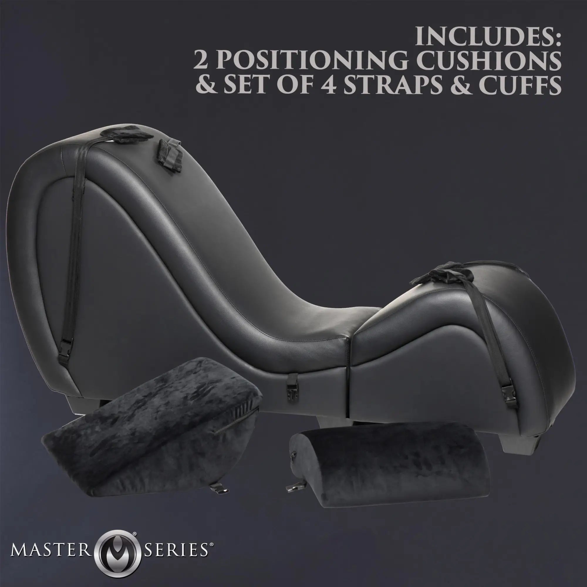 Black Master Series detachable sex chaise with attached restraint straps and two plush positioning cushions.