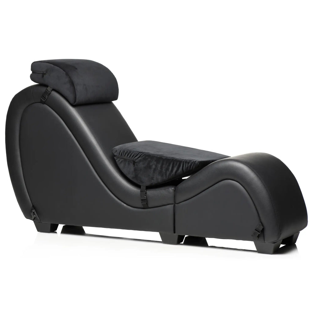 Master Series black leatherette detachable sex chaise with two matching velvet-textured pillows on a white background.