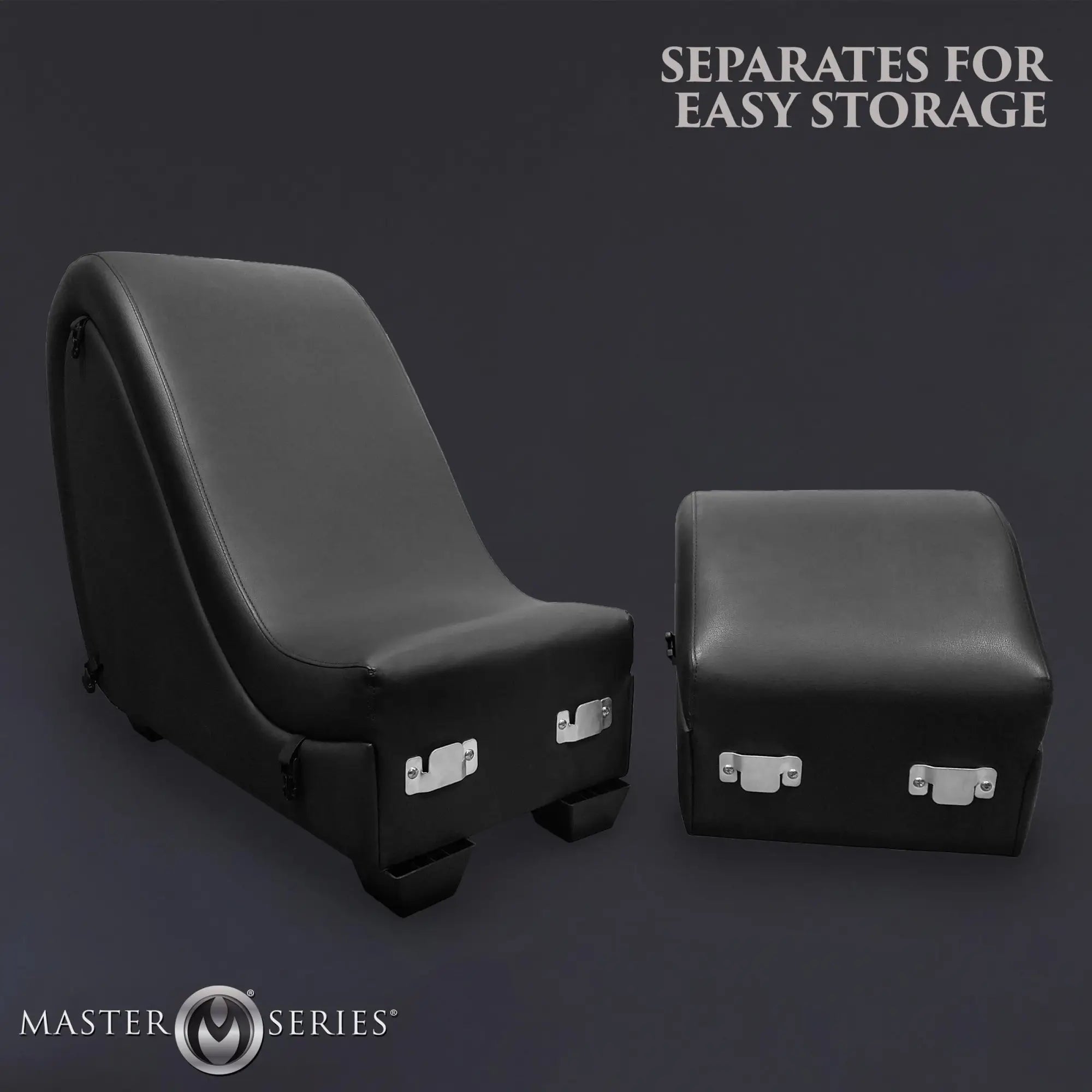 Master Series black detachable sex chaise shown as two separate pieces with metal connectors on a grey background.