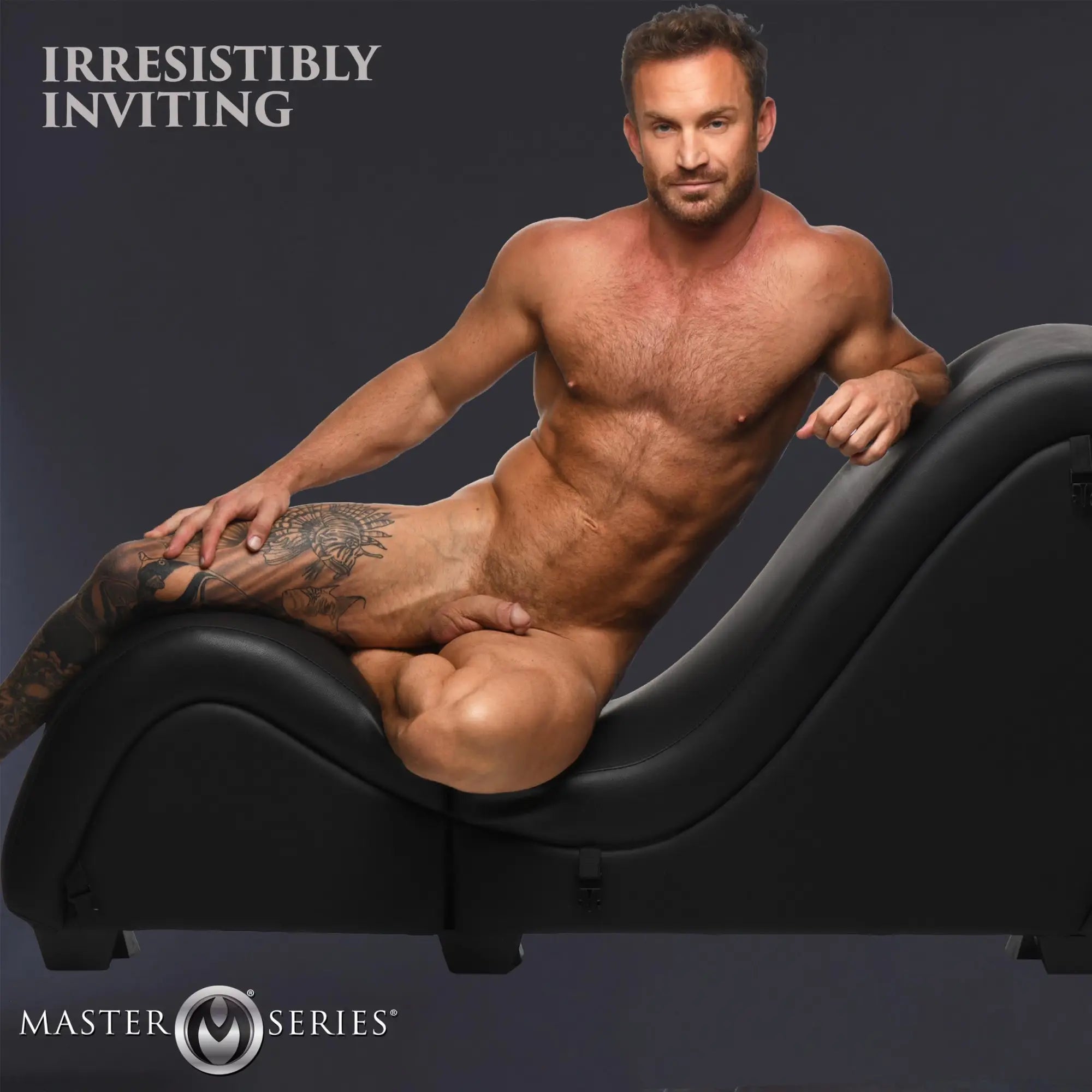 Master Series black detachable kinky sex chaise lounge with a nude man posing on the contoured, leather-style surface.