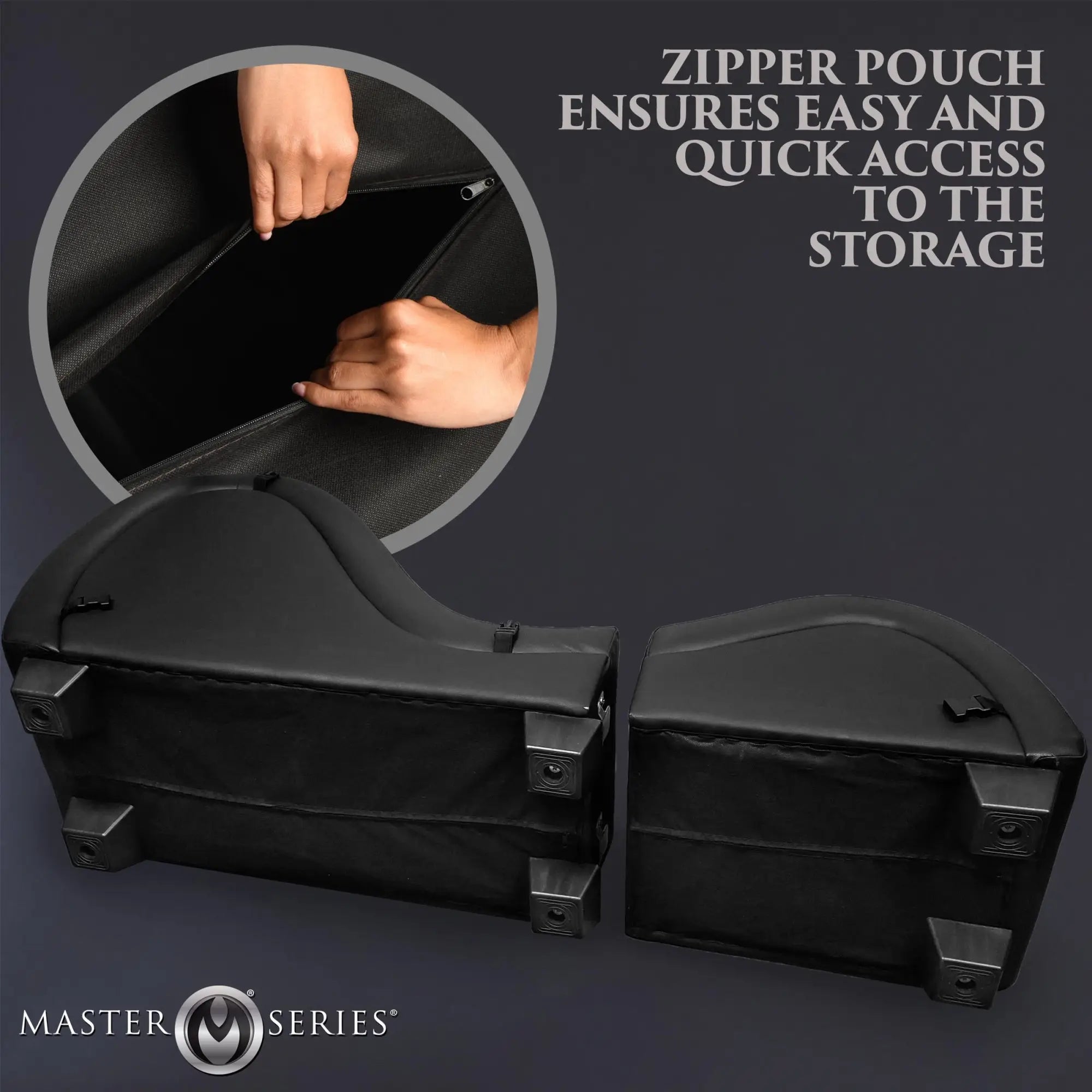 Master Series black detachable sex chaise shown in sections with storage zipper detail and four sturdy black legs.