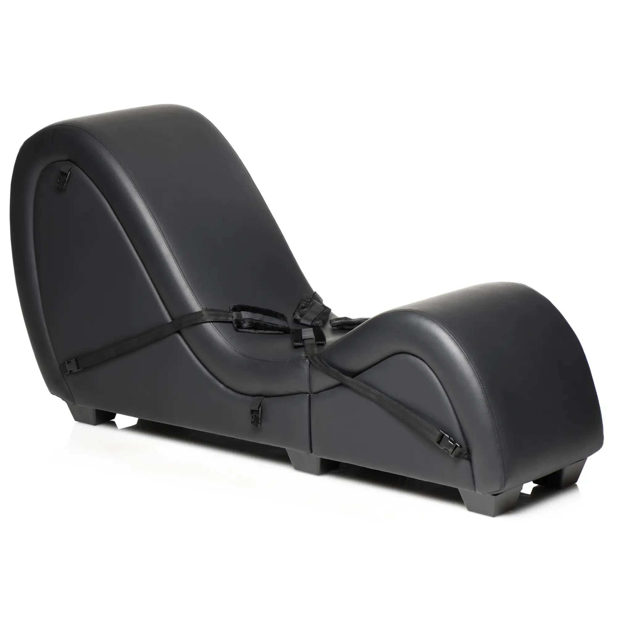 Master Series black detachable kinky couch chaise with an ergonomic curved design and integrated black restraint straps.