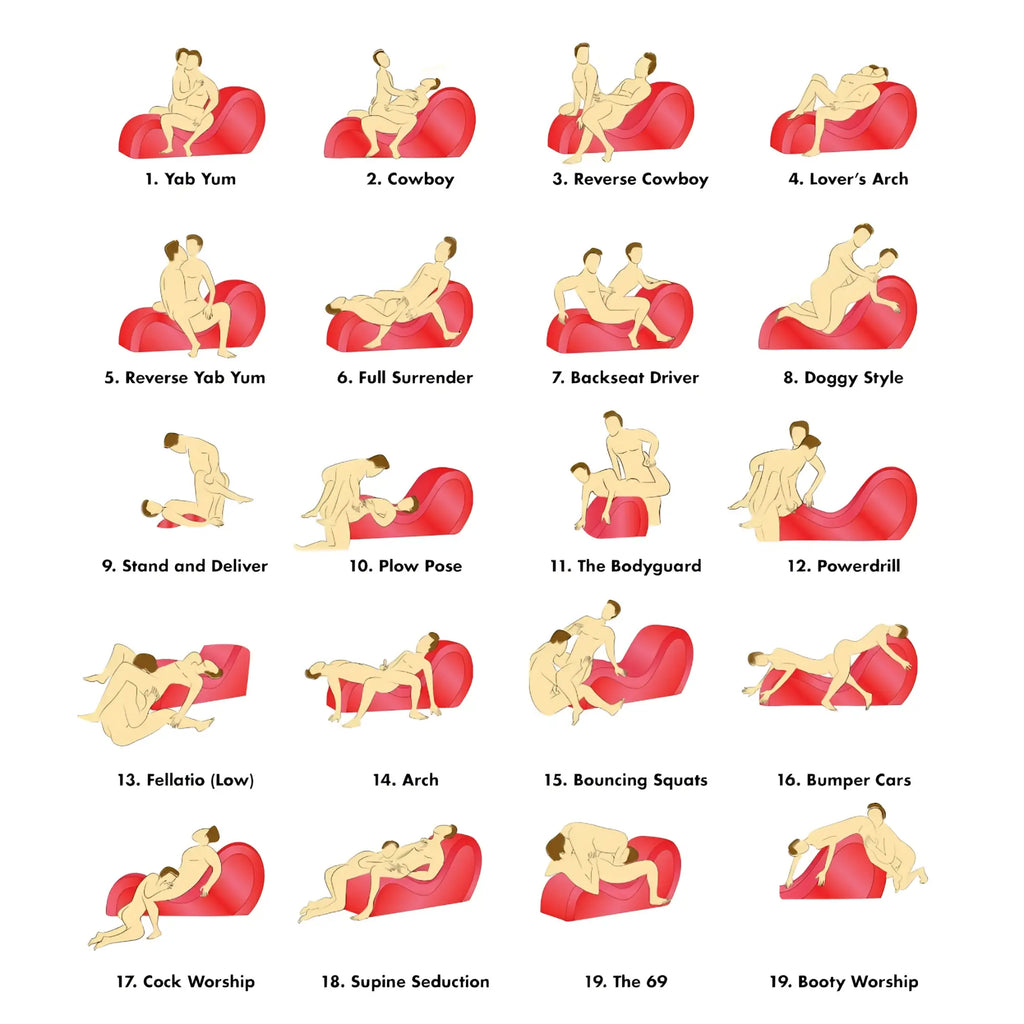 Master Series Black sex chaise and love pillows shown in a chart illustrating various intimate positions.