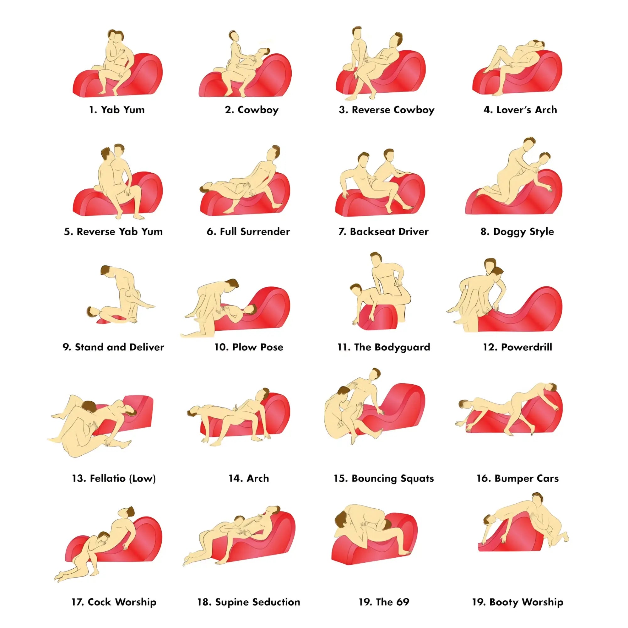 Master Series Black sex chaise and love pillows shown in a chart illustrating various intimate positions.