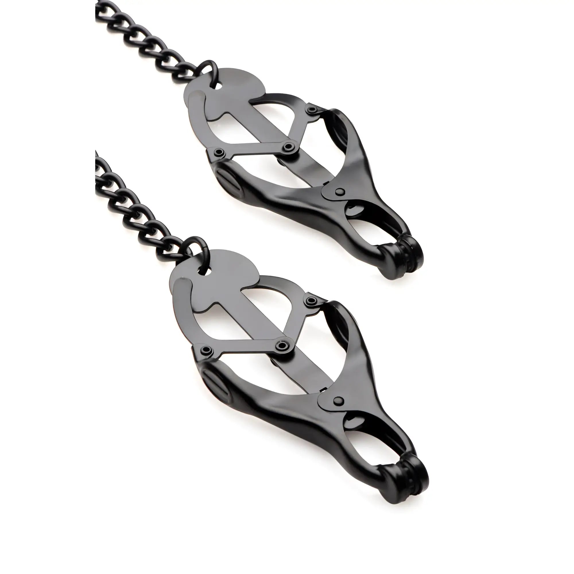 Master Series black metal Japanese-style nipple clamps connected by a matching black chain against a white background.