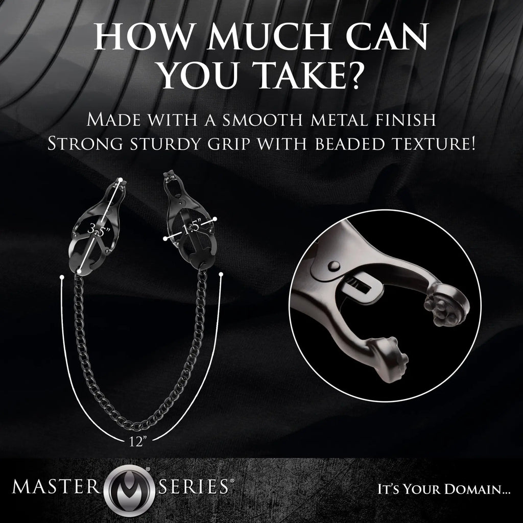 Master Series black Japanese nipple clamps: two matte black metal clamps connected by a 12-inch chain.
