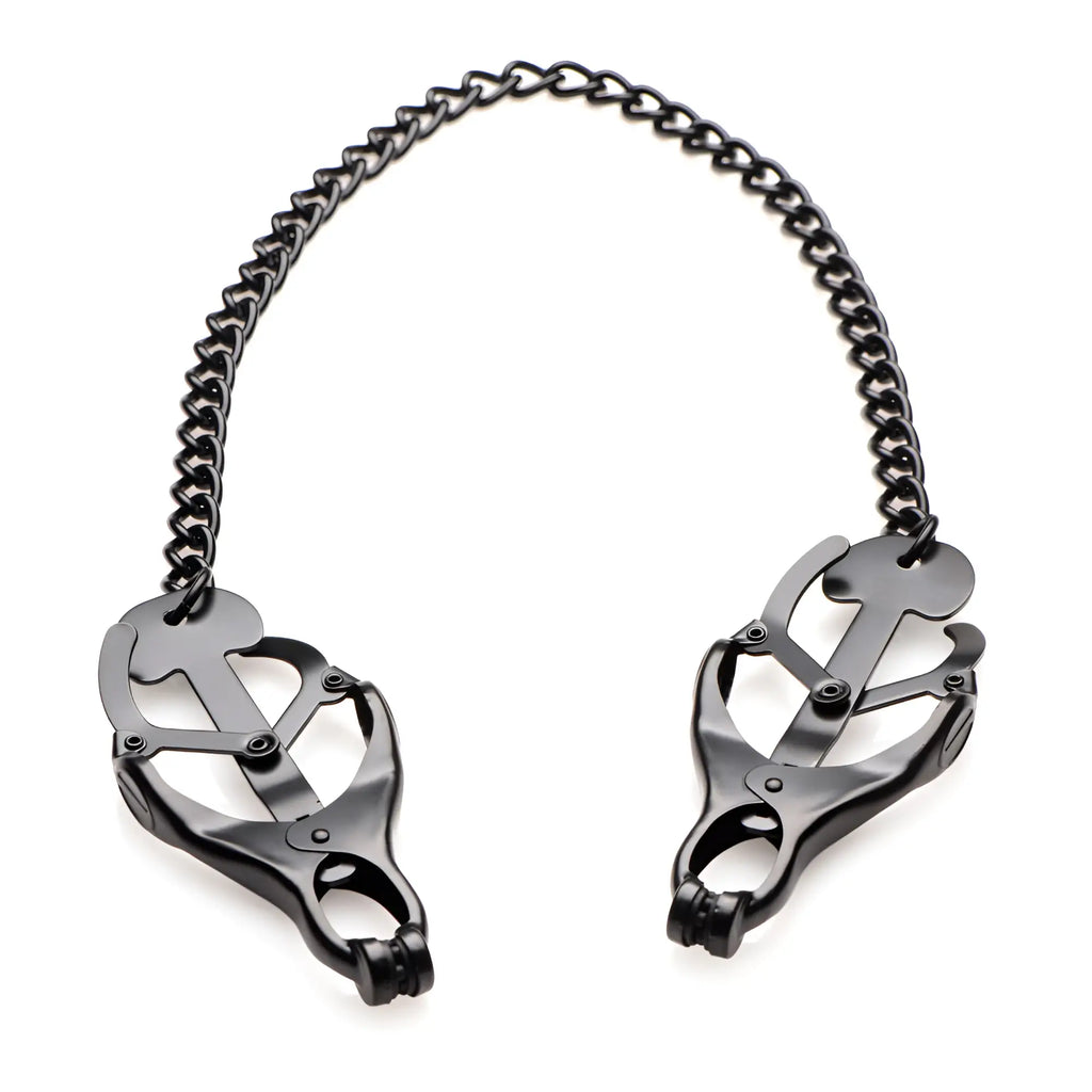 Master Series black Japanese nipple clamps connected by a black metal chain, set against a white background.