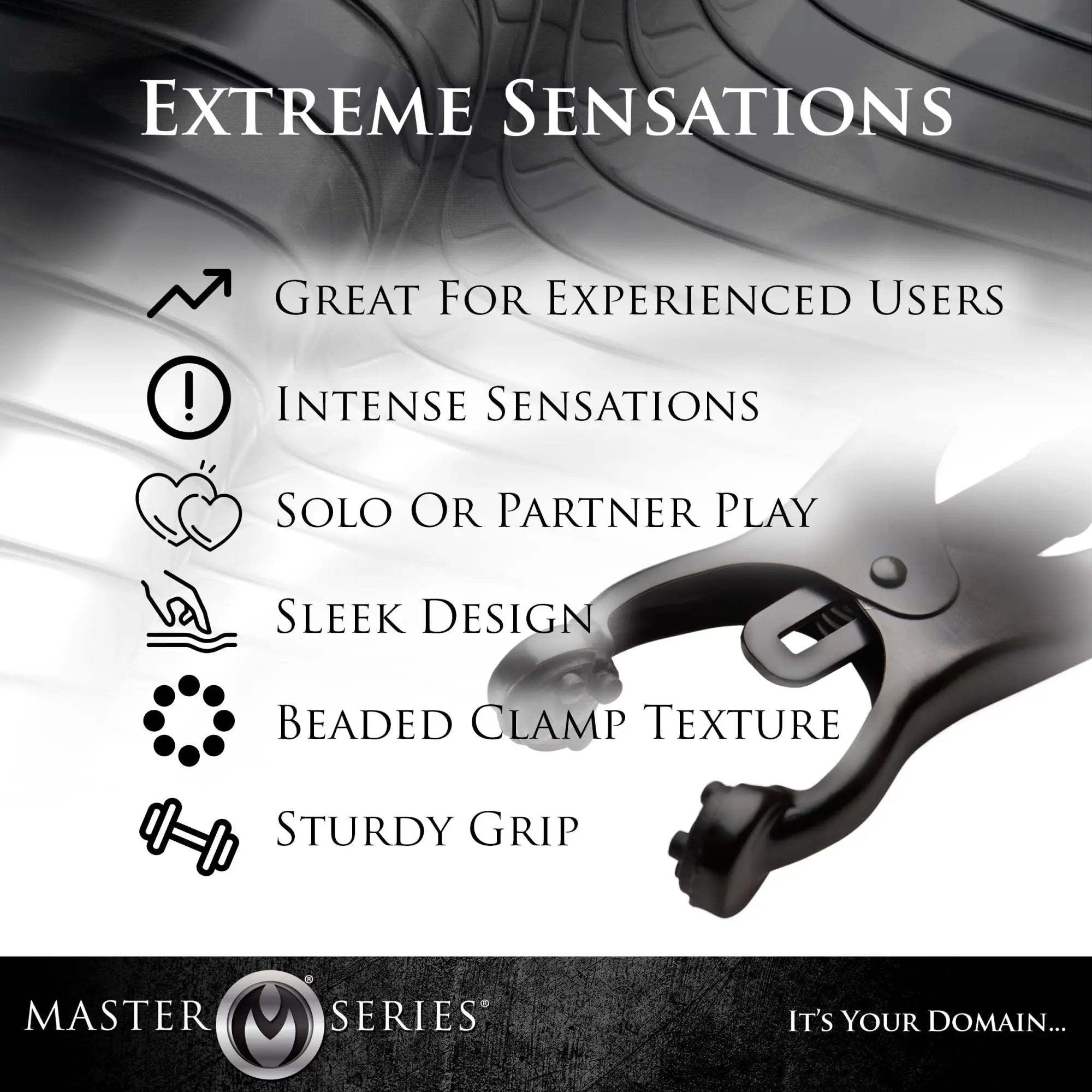 Master Series Black Japanese Nipple Clamps featuring a sleek, matte black metal design with beaded contact points.