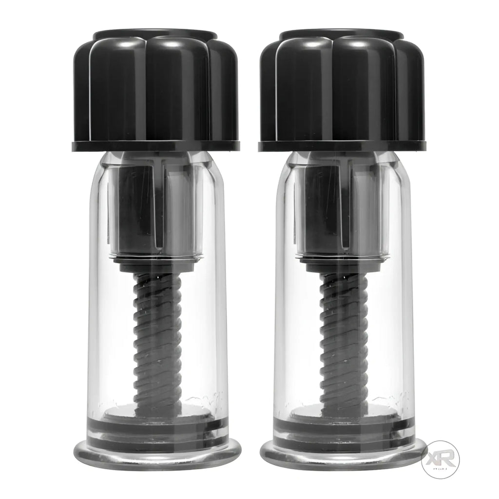 Master Series Black Maxxx Twist Nipple Suckers: two clear cylindrical devices with black twist knobs and internal screws.