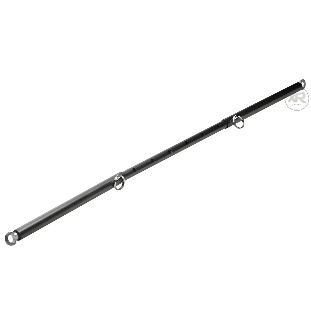 Master Series Black Steel Spreader Bar: a long, matte black cylindrical bar featuring adjustable silver metal rings.