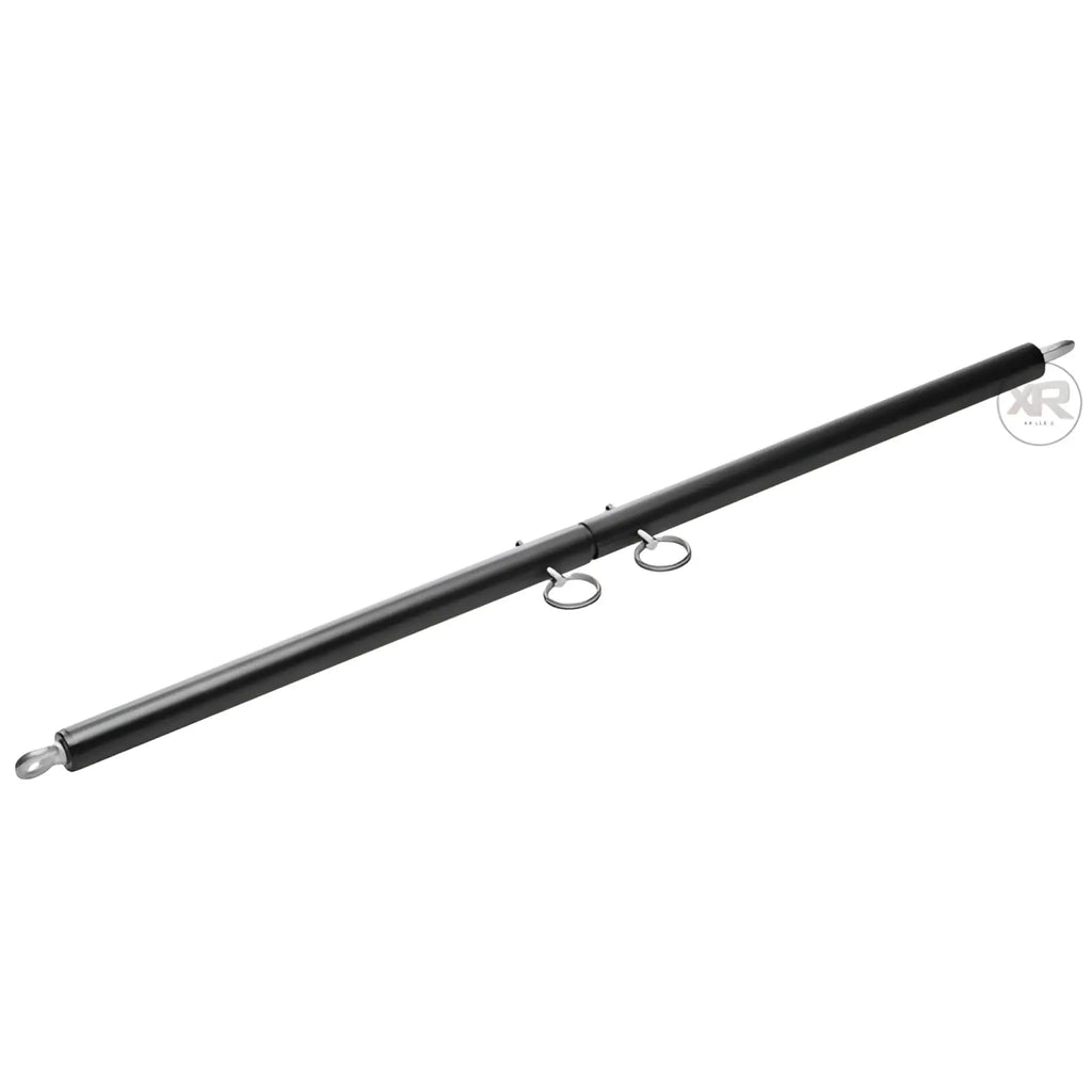 Master Series Black Steel Spreader Bar: a long, matte black cylindrical bar featuring metal end hooks and center rings.