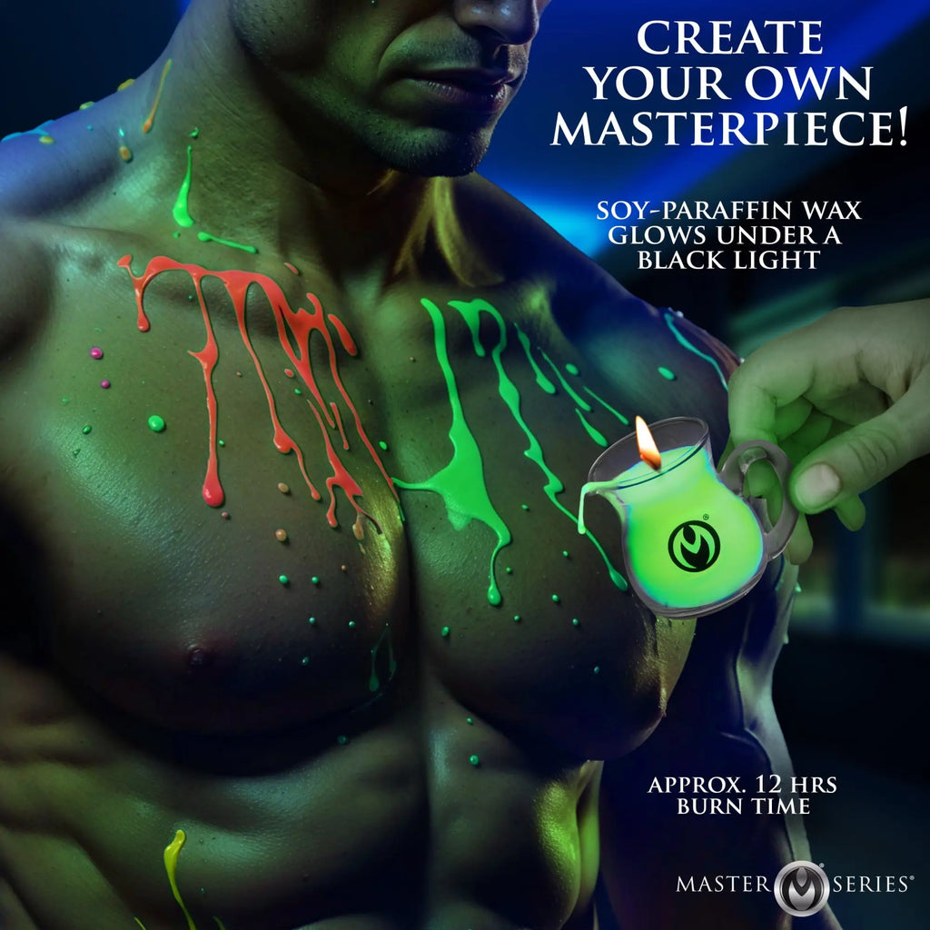Master Series Blacklight Wax Play Pitchers pouring glowing green neon wax onto a man's chest under black light.