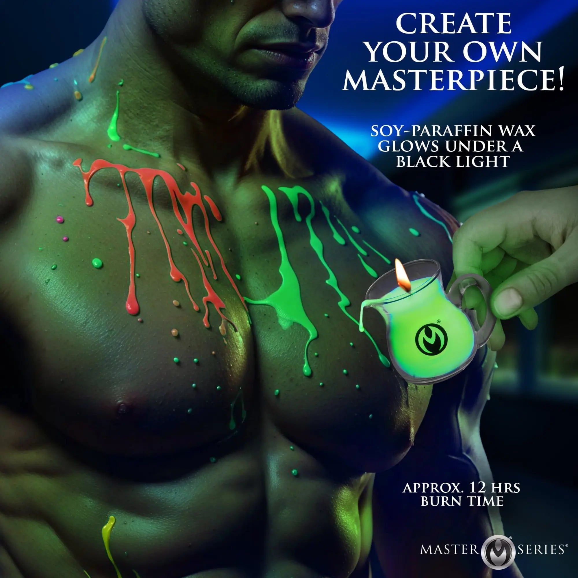Master Series Blacklight Wax Play Pitchers pouring glowing green neon wax onto a man's chest under black light.