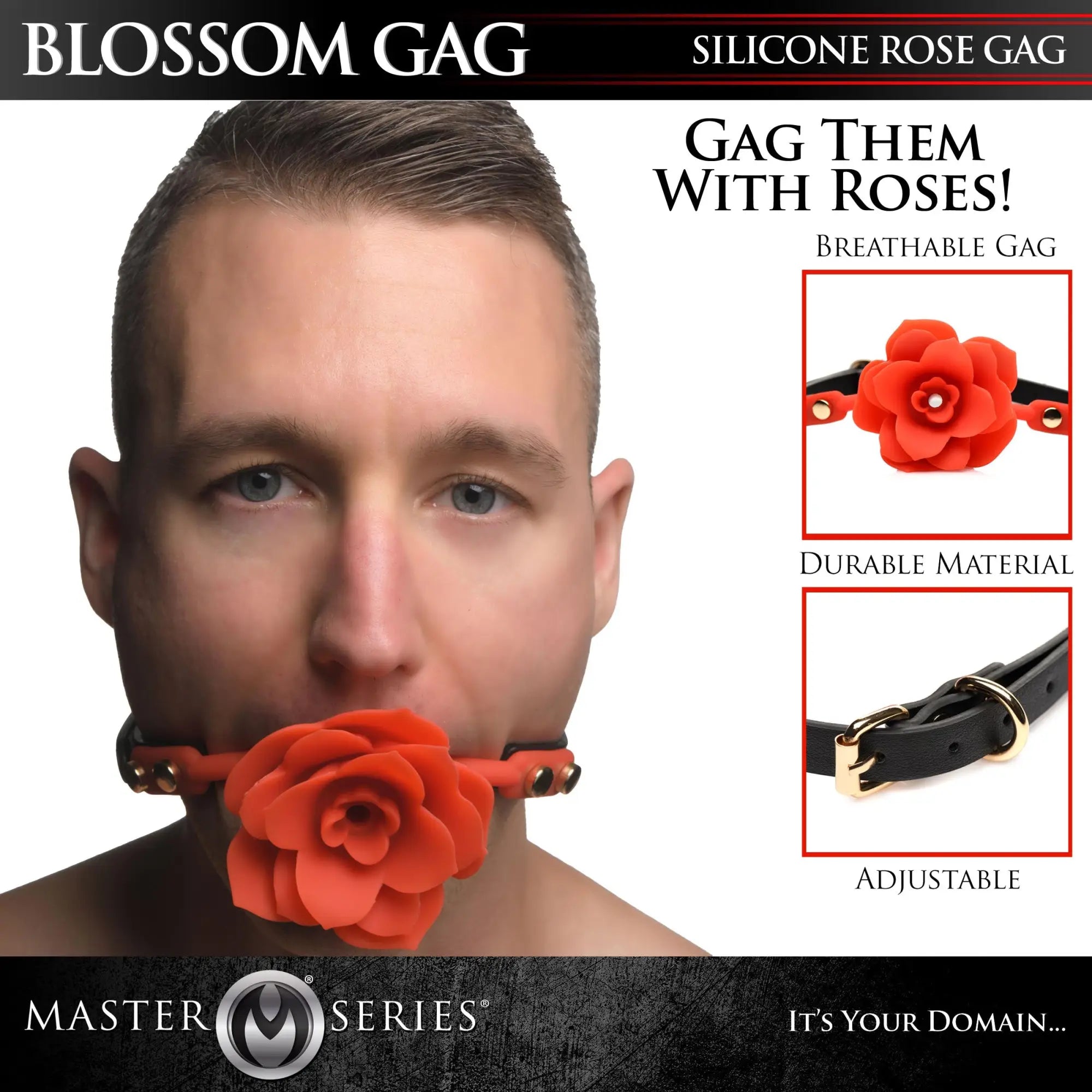 Master Series Blossom Silicone Rose Gag: A man wears a red silicone rose gag on an adjustable black leather strap.