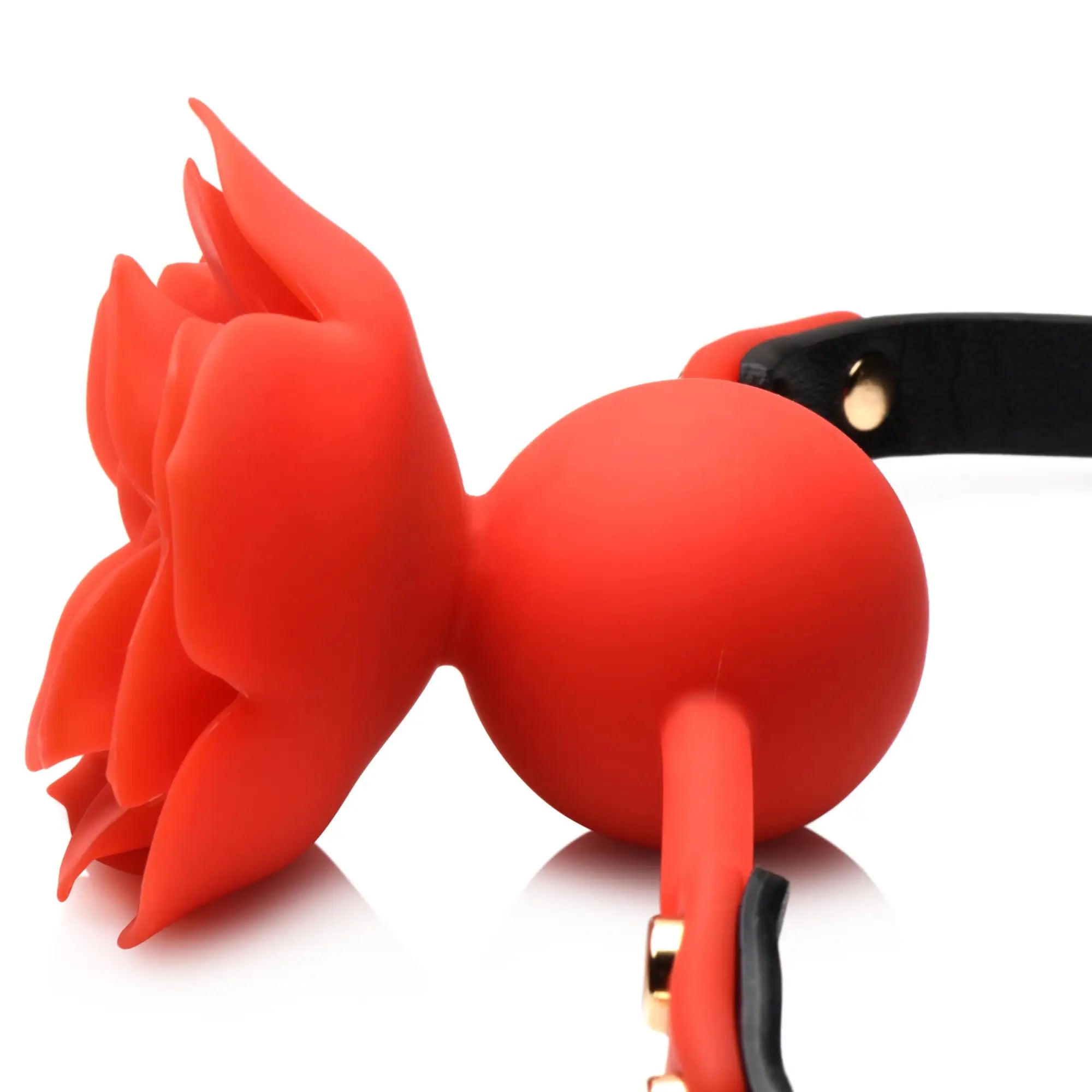 Master Series Blossom Silicone Rose Gag with red silicone flower and ball, attached to an adjustable black strap.