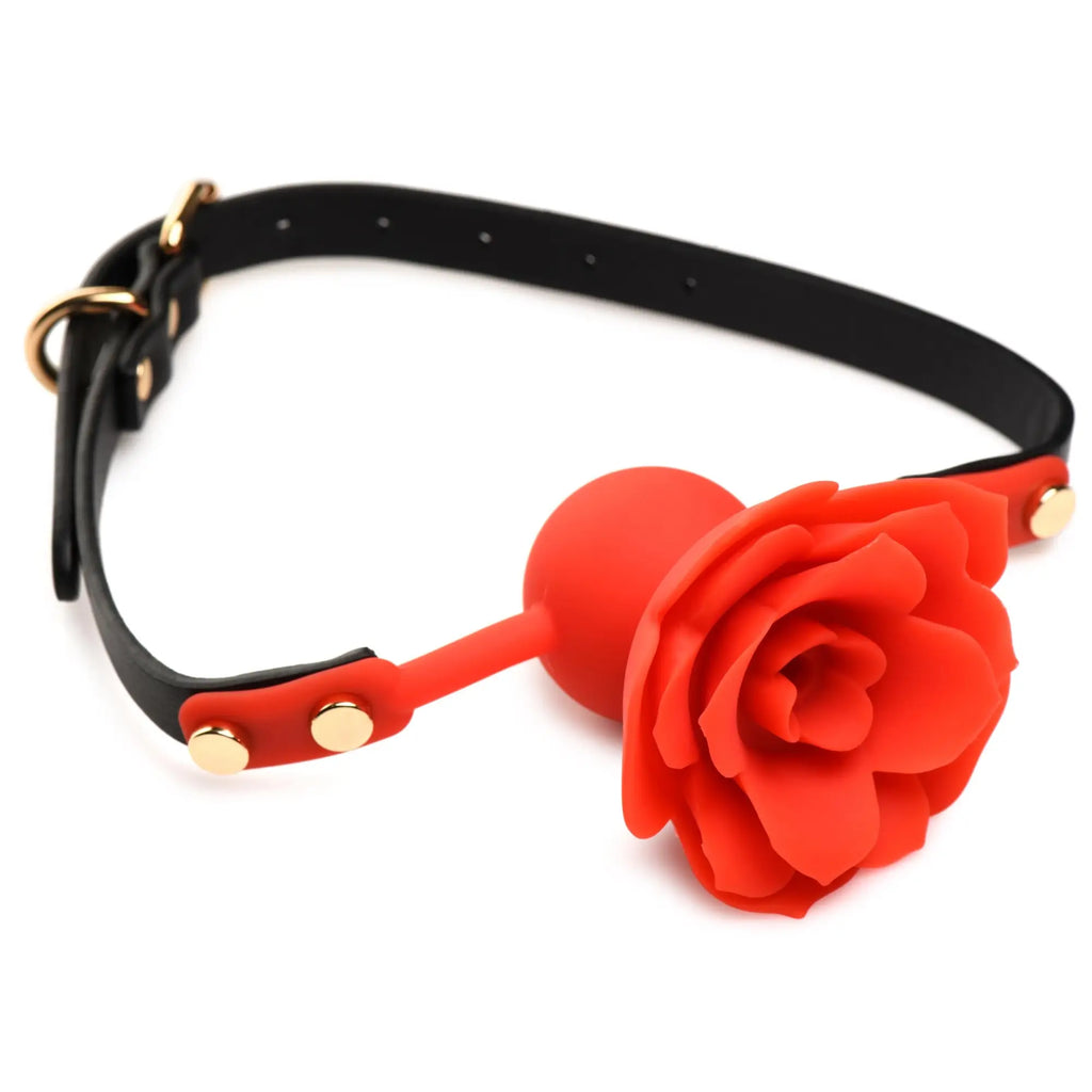 Master Series Blossom Silicone Rose Gag with a bright red flower, black strap, and gold-tone hardware.