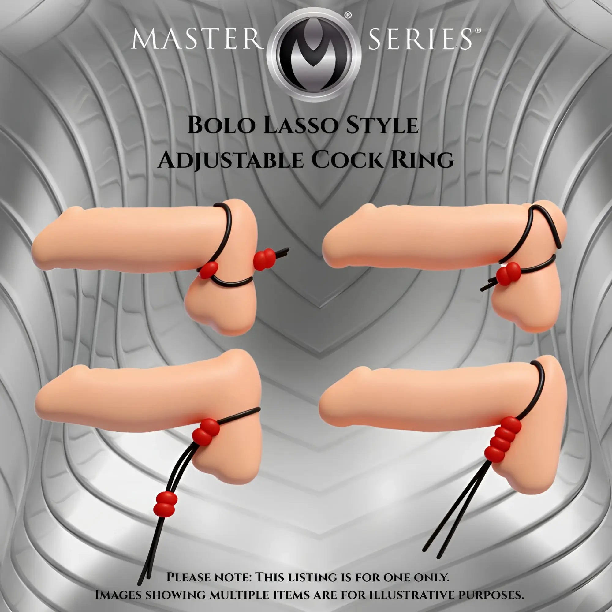 Master Series Bolo Lasso Style Adjustable Cock Ring: Black cord with red beads, shown in four different wearing styles.