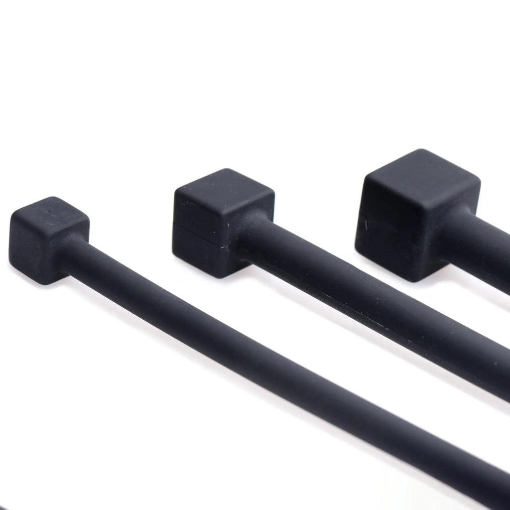 Master Series Bolted Deluxe silicone urethral sounds: three smooth black rods with square, bolt-style ends.