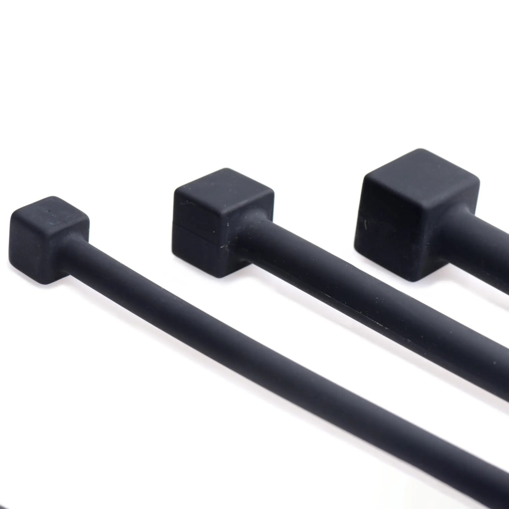 Master Series Bolted Deluxe silicone urethral sounds: three smooth black rods with square, bolt-style ends.
